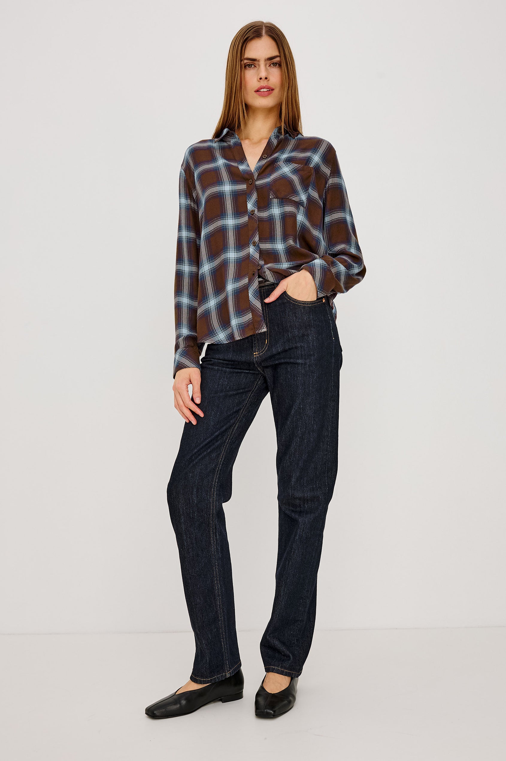 Hunter Button-Up Plaid Shirt in Signature Soft Rayon With Loose Twill Weave, With Collar and Long Sleeves in Espresso Indigo Colorway - Full Body Front View Featured on Model