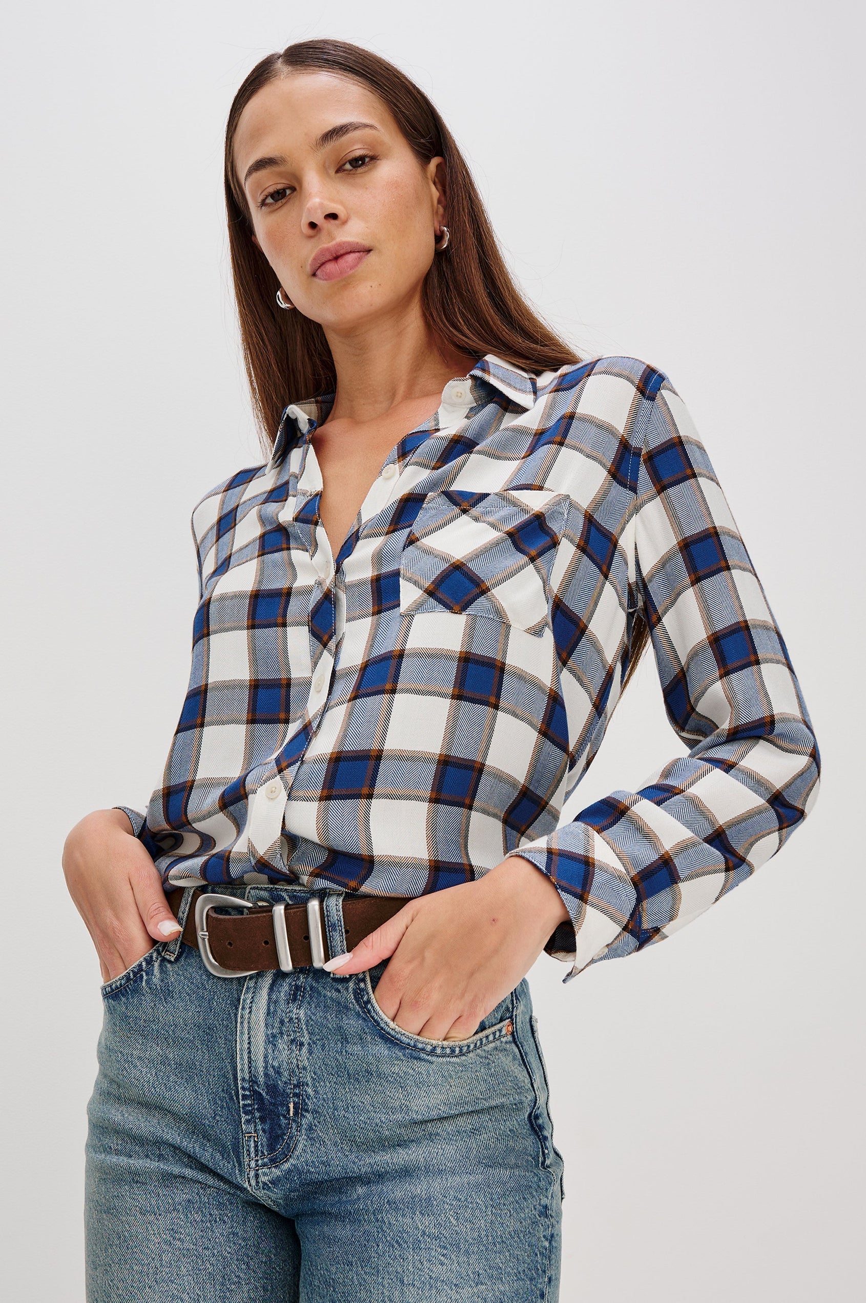 Hunter Long-Sleeve Button Up with a Chest Patch Pocket in Golden Cobalt Colorway, plaid - Front View Featured on Model