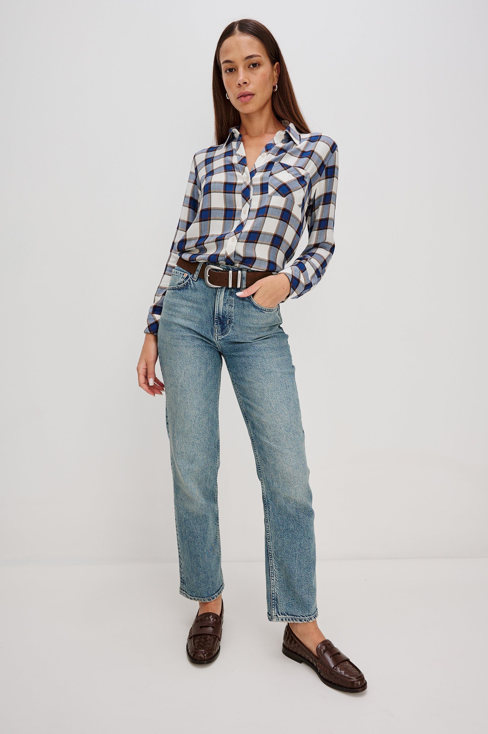 Hunter Long-Sleeve Button Up with a Chest Patch Pocket in Golden Cobalt Colorway, plaid - Front Full Body View Featured on Model
