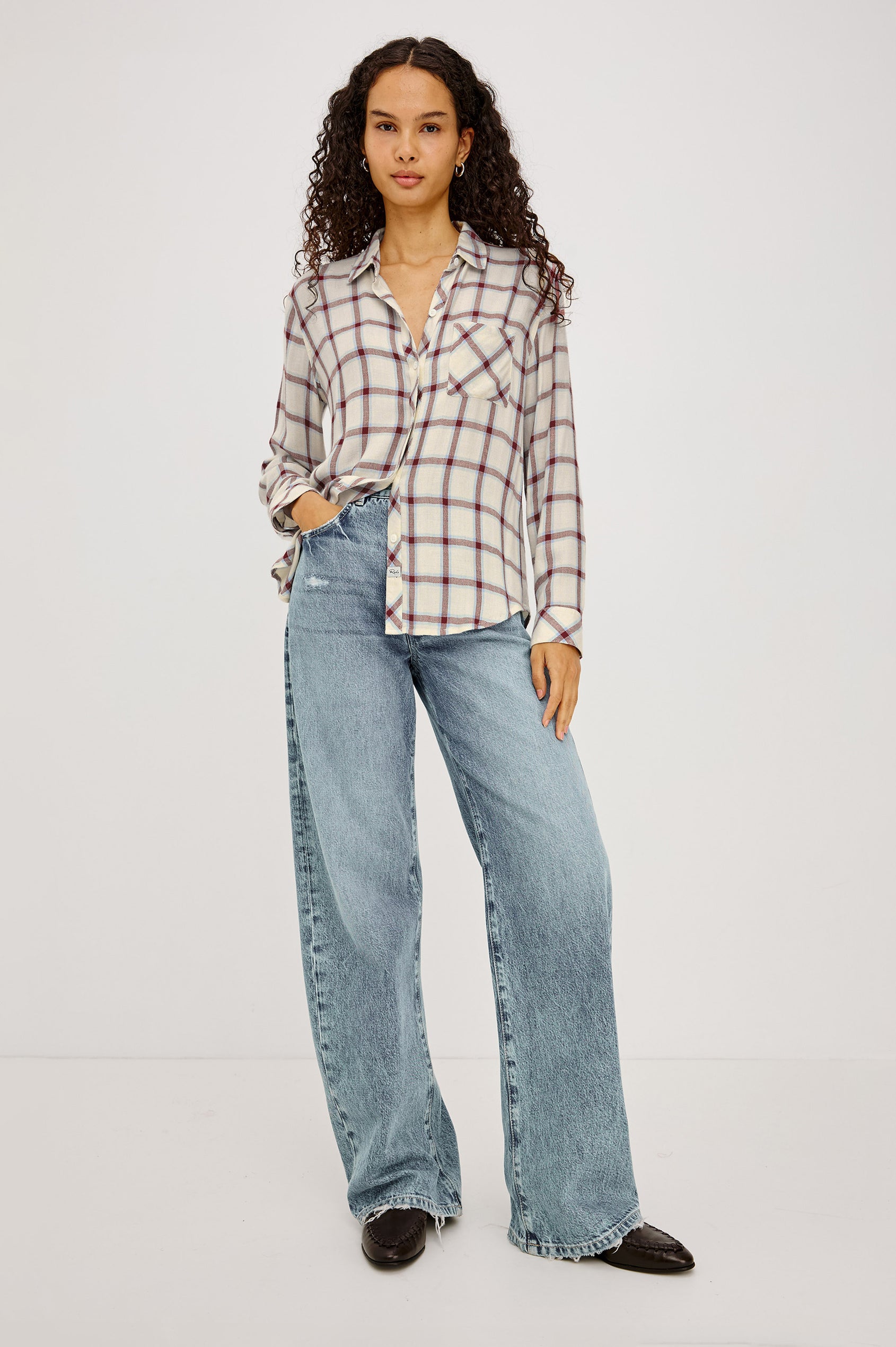 Hunter Button-Up Plaid Shirt in Signature Soft Rayon With Loose Twill Weave, With Collar and Long Sleeves in Ivory Cardinal Colorway - Full Body Front View Featured on Model