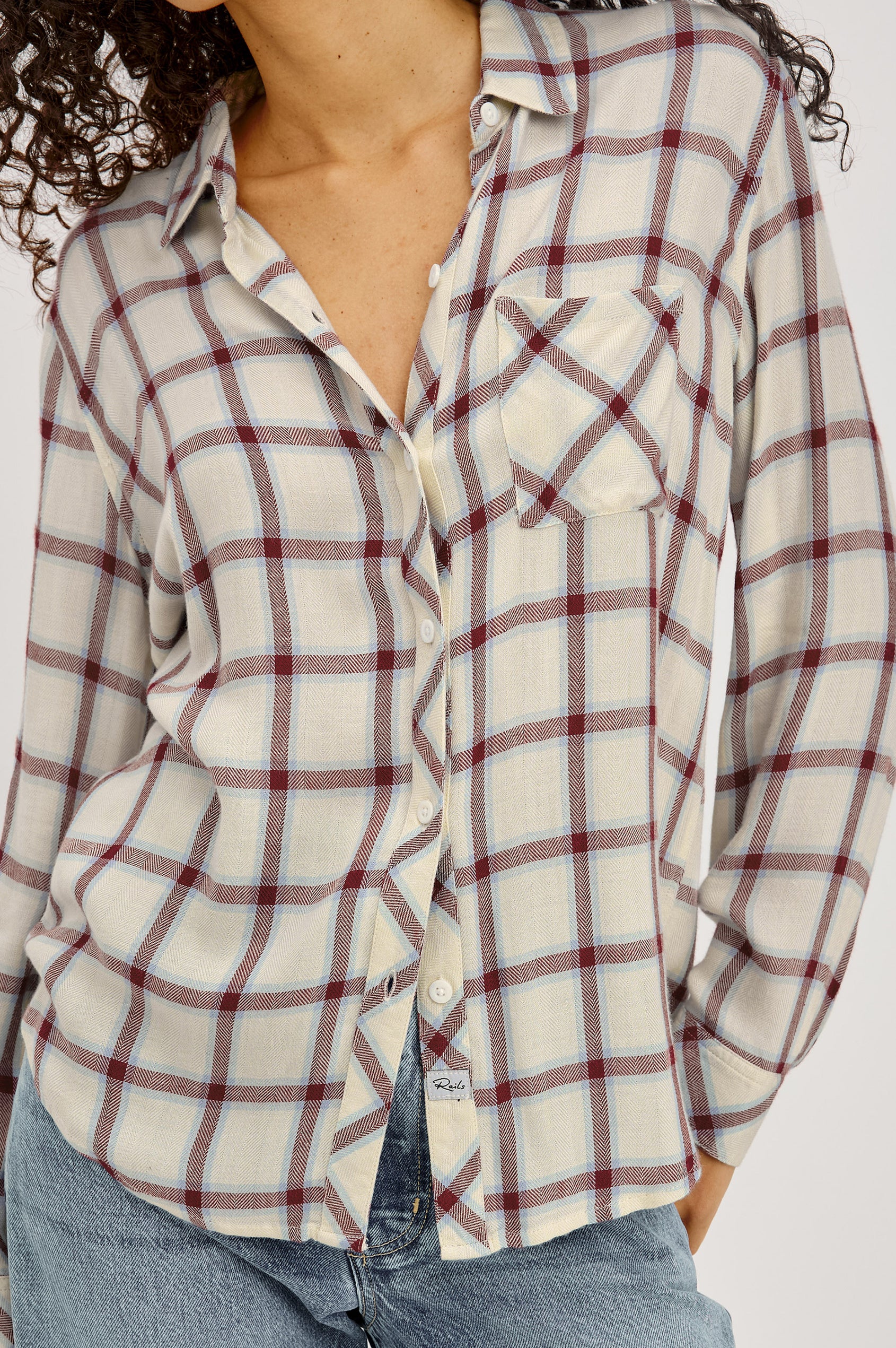 Hunter Button-Up Plaid Shirt in Signature Soft Rayon With Loose Twill Weave, With Collar and Long Sleeves in Ivory Cardinal Colorway - Upper Body Front View Featured on Model
