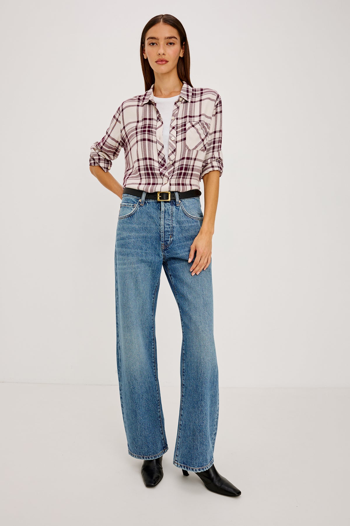 Hunter Button-Up Plaid Shirt in Signature Soft Rayon With Loose Twill Weave, With Collar and Long Sleeves in Ivory Maroon Colorway - Full Body Front View Featured on Model.