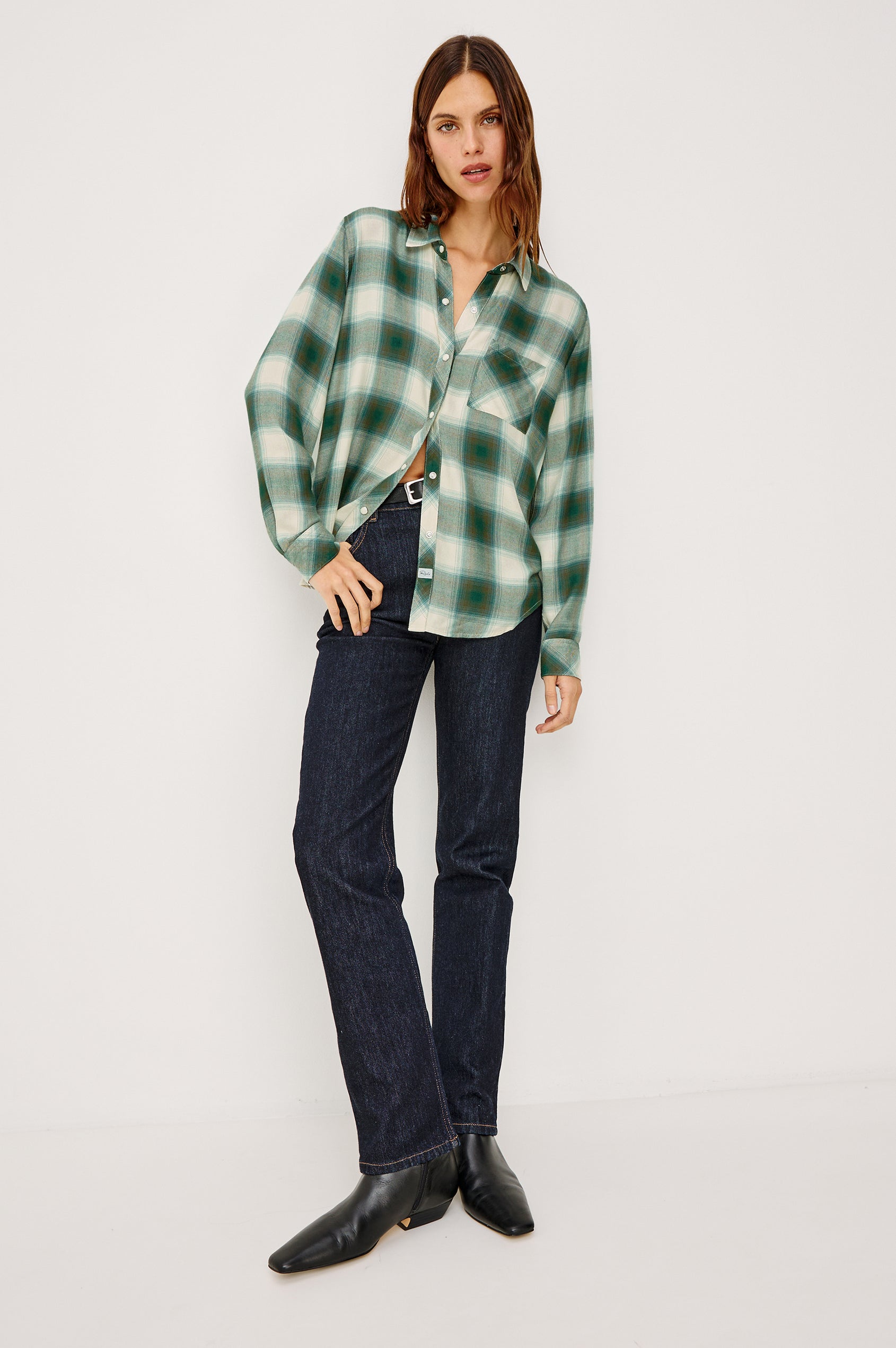 Hunter Button-Up Shirt in Signature Rayon With Collar, Front Buttons, Chest Patch Pocket, and Long Sleeves in Ivory Olive Teal Plaid Colorway - Full Body Front View Featured on Model