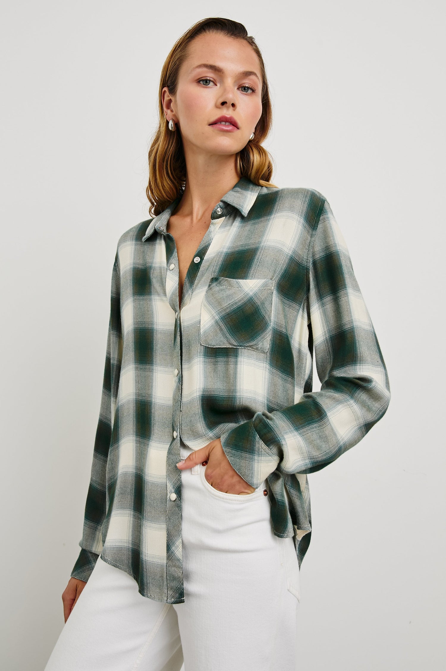 Hunter Long-Sleeve Button Up with a Chest Patch Pocket in Ivory Olive Teal Colorway, a Plaid - Front View Featured on Model