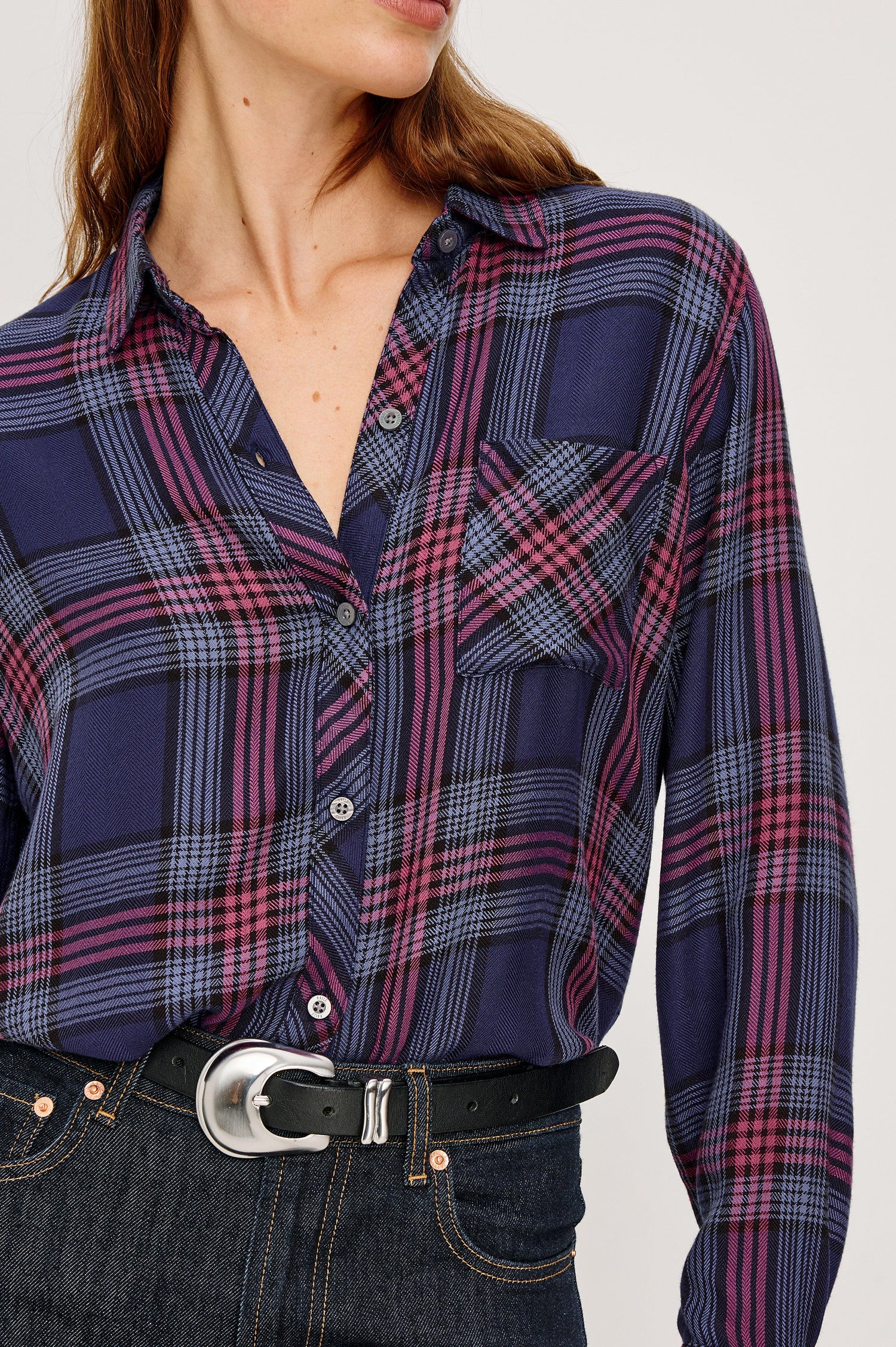 Hunter Long-Sleeve Button Up with a Chest Patch Pocket in Navy Rose Astor Colorway, plaid  - Close up View Featured on Model