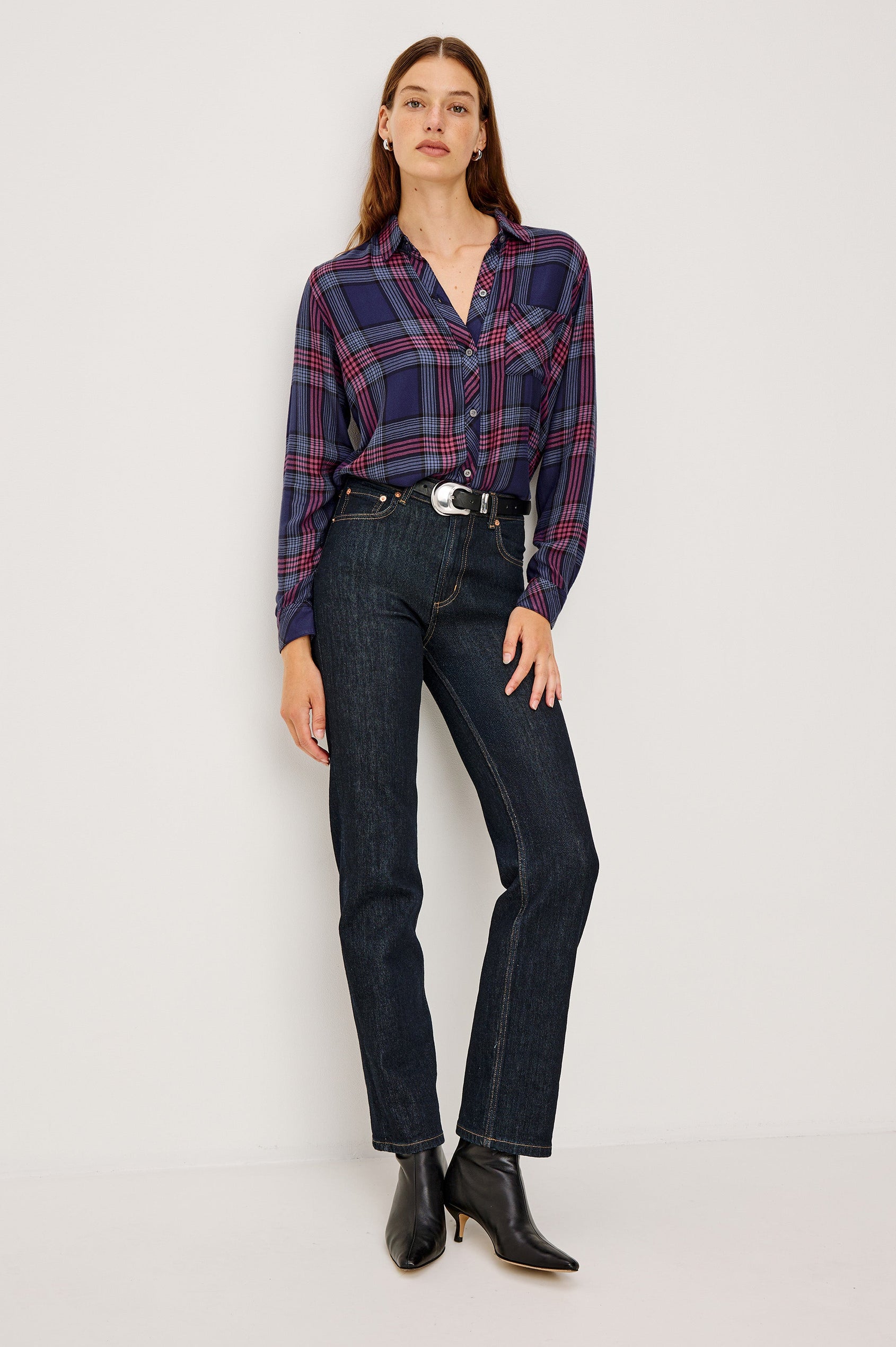 Hunter Long-Sleeve Button Up with a Chest Patch Pocket in Navy Rose Astor Colorway, plaid  - Full Body Front Tucked View Featured on Model