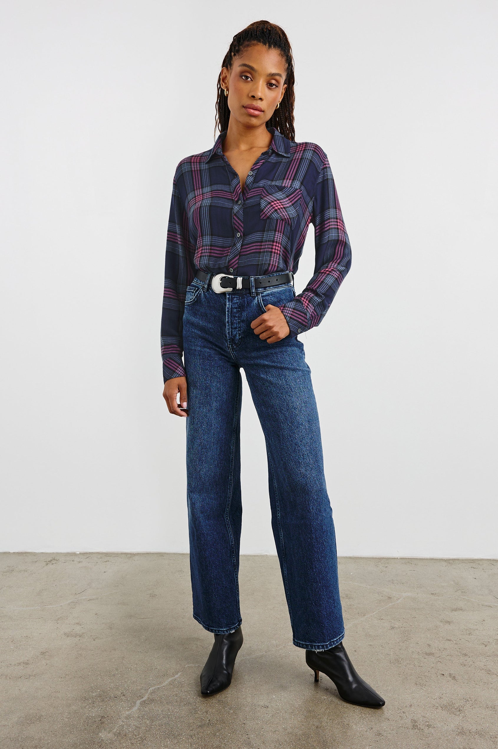 Hunter Long-Sleeve Button Up with a Chest Patch Pocket in Navy Rose Astor Colorway, plaid  - Front Tucked Full Body View Featured on Model