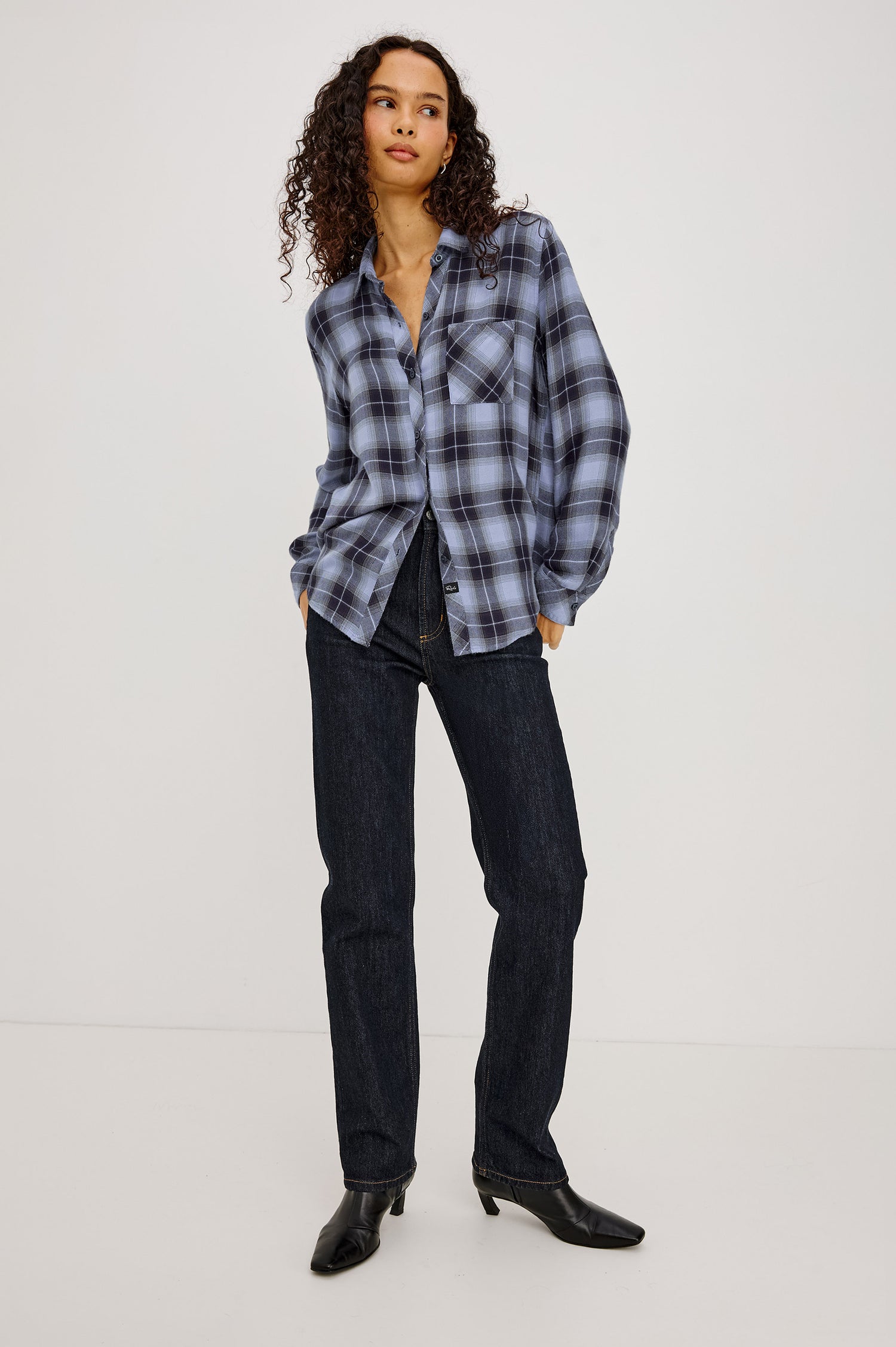 Hunter Button-Up Plaid Shirt in Signature Soft Rayon With Loose Twill Weave, With Collar and Long Sleeves in Navy Sky Colorway - Full Body Front View Featured on Model