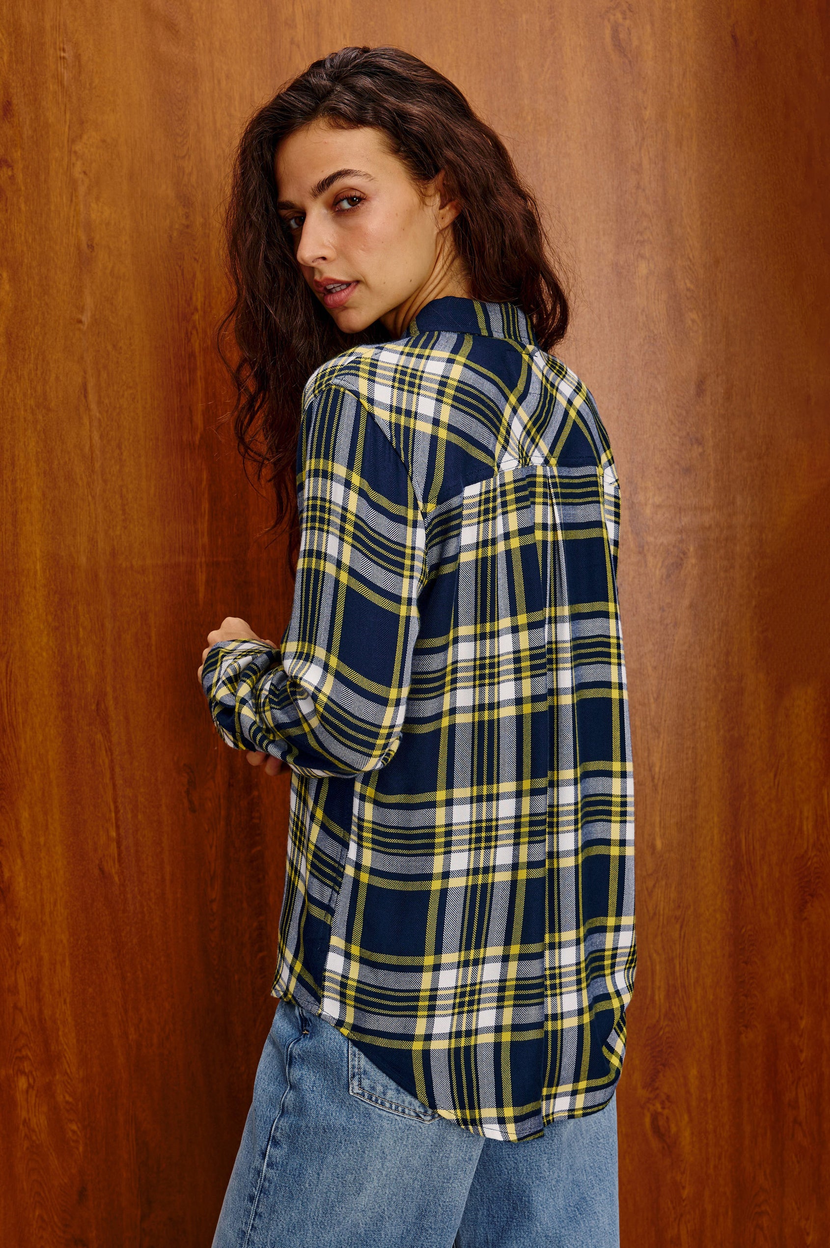 Hunter Plaid Button-Up Shirt in Signature Soft Rayon With Cashmere-Like Feel, Collar, Chest Patch Pocket, and Long Sleeves in Rivalry Red Crimson Colorway - Upper Body Back View Featured on Model