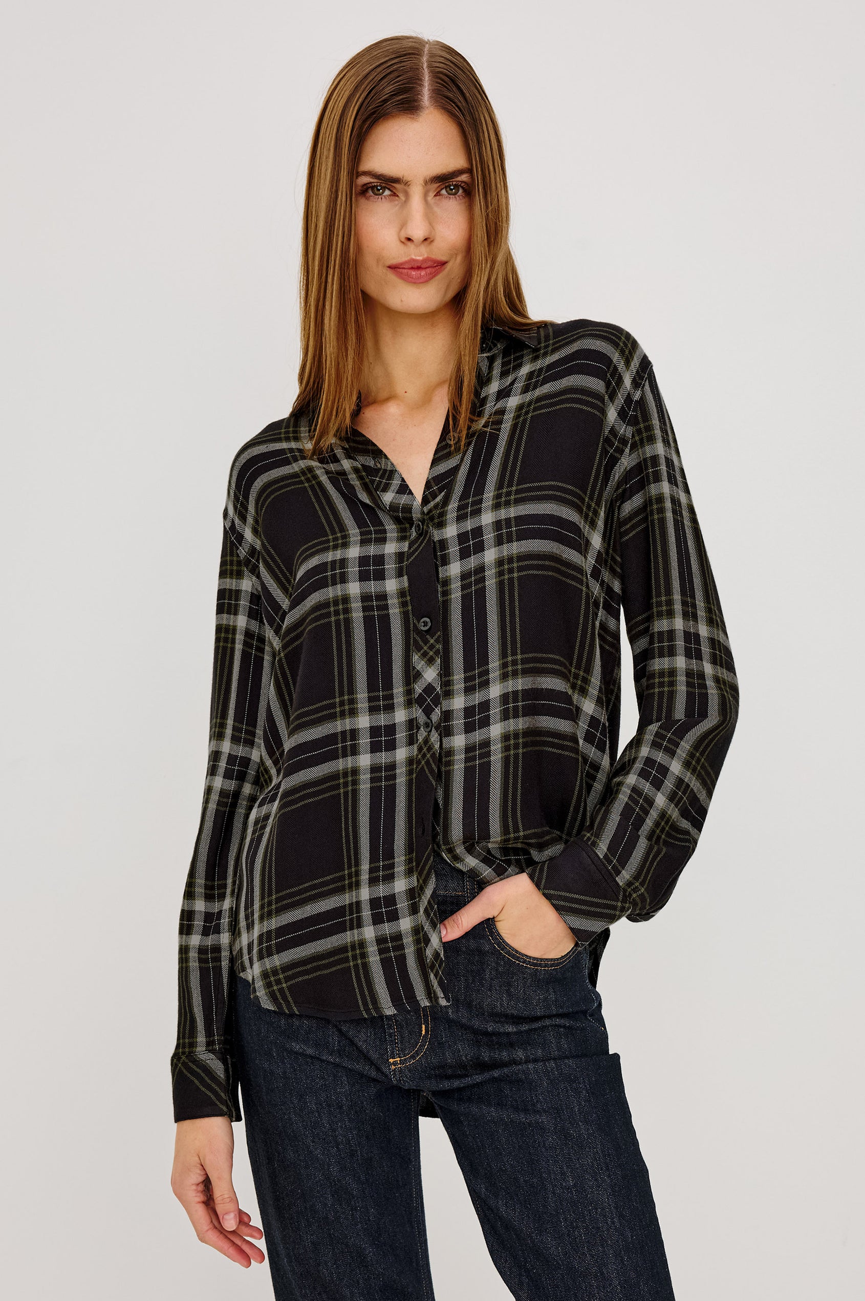Hunter Button-Up Shirt in Signature Rayon with a Soft Cashmere Feel, Collar, Front Buttons, Chest Patch Pocket, and Long Sleeves in Iron Sky Colorway – Upper Body Front View Featured on Model