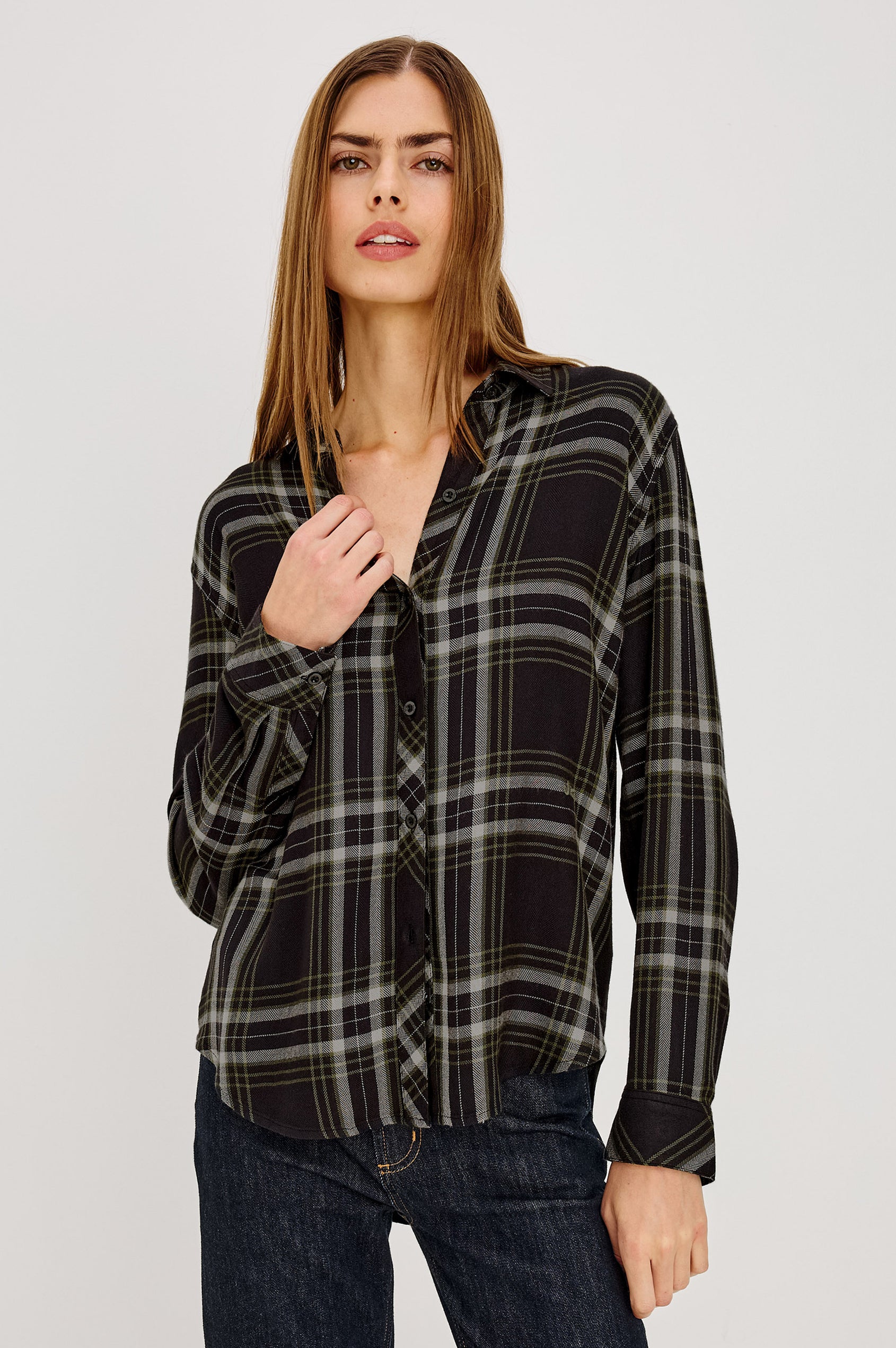 Hunter Button-Up Shirt in Signature Rayon with a Soft Cashmere Feel, Collar, Front Buttons, Chest Patch Pocket, and Long Sleeves in Iron Sky Colorway – Upper Body Front View Featured on Model