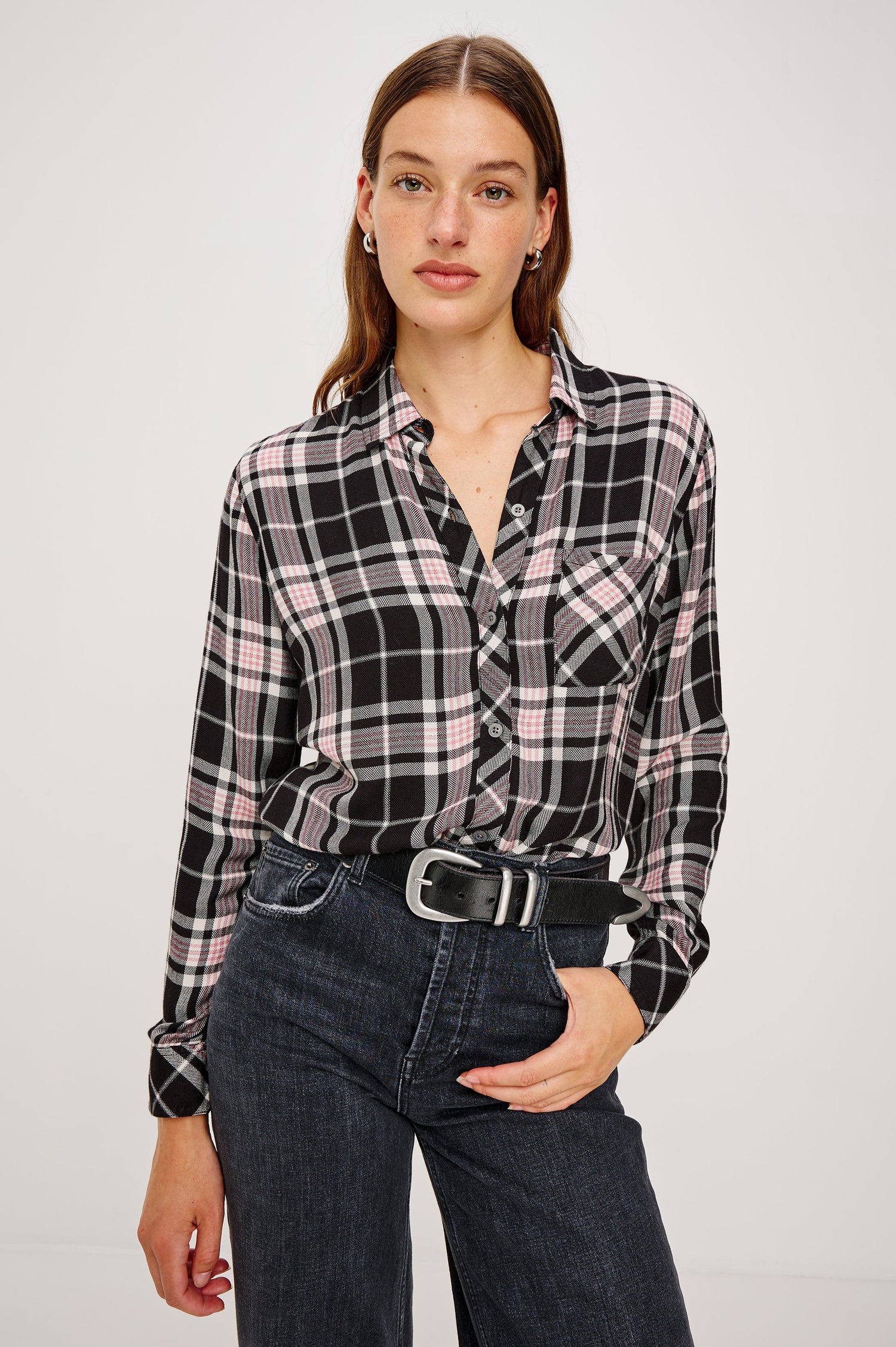 Hunter Long-Sleeve Button Up with a Chest Patch Pocket in Onyx Rose Gold Colorway, plaid  - Front View Featured on Model