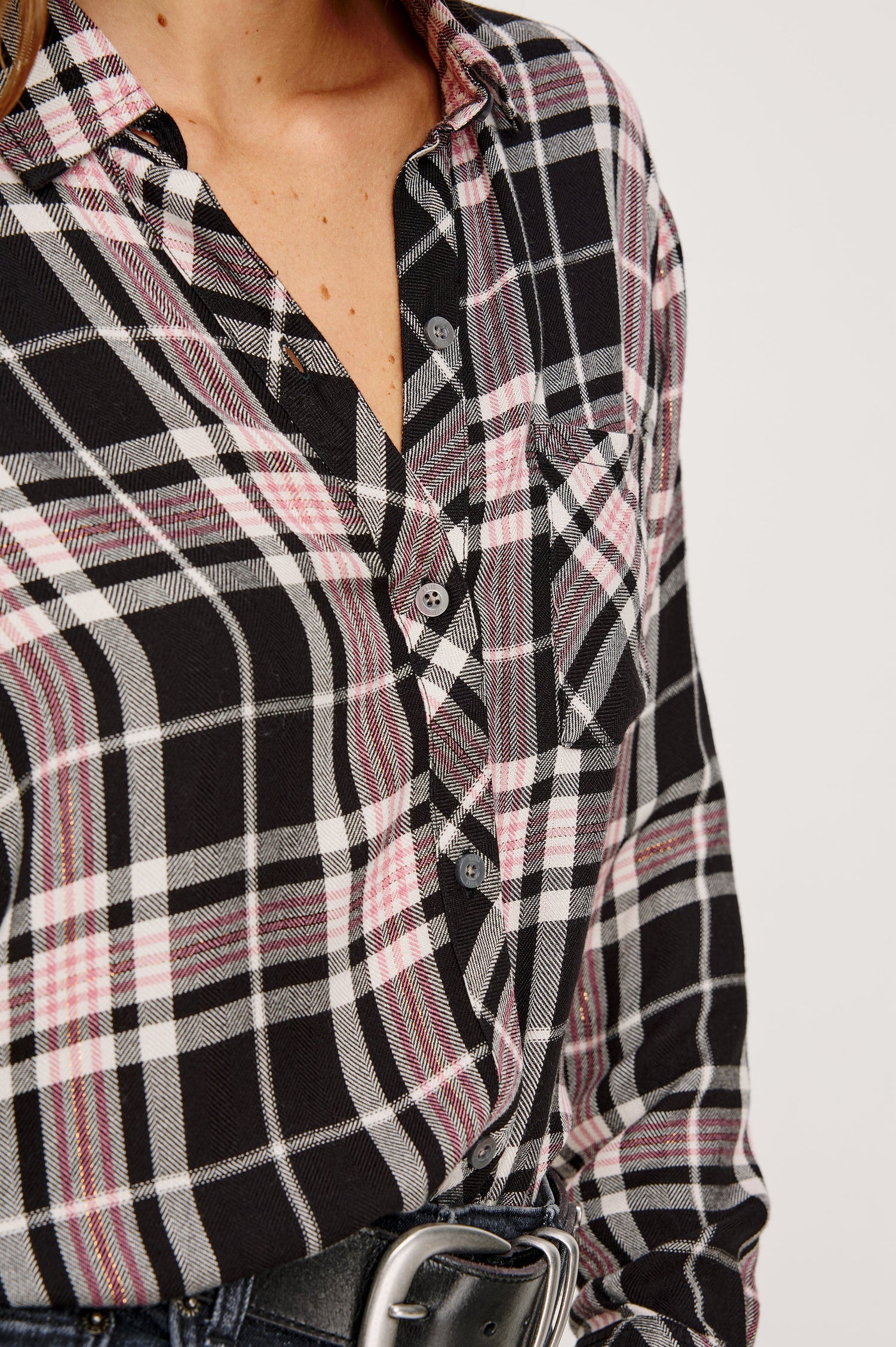 Hunter Long-Sleeve Button Up with a Chest Patch Pocket in Onyx Rose Gold Colorway, plaid  - Close up View Featured on Model