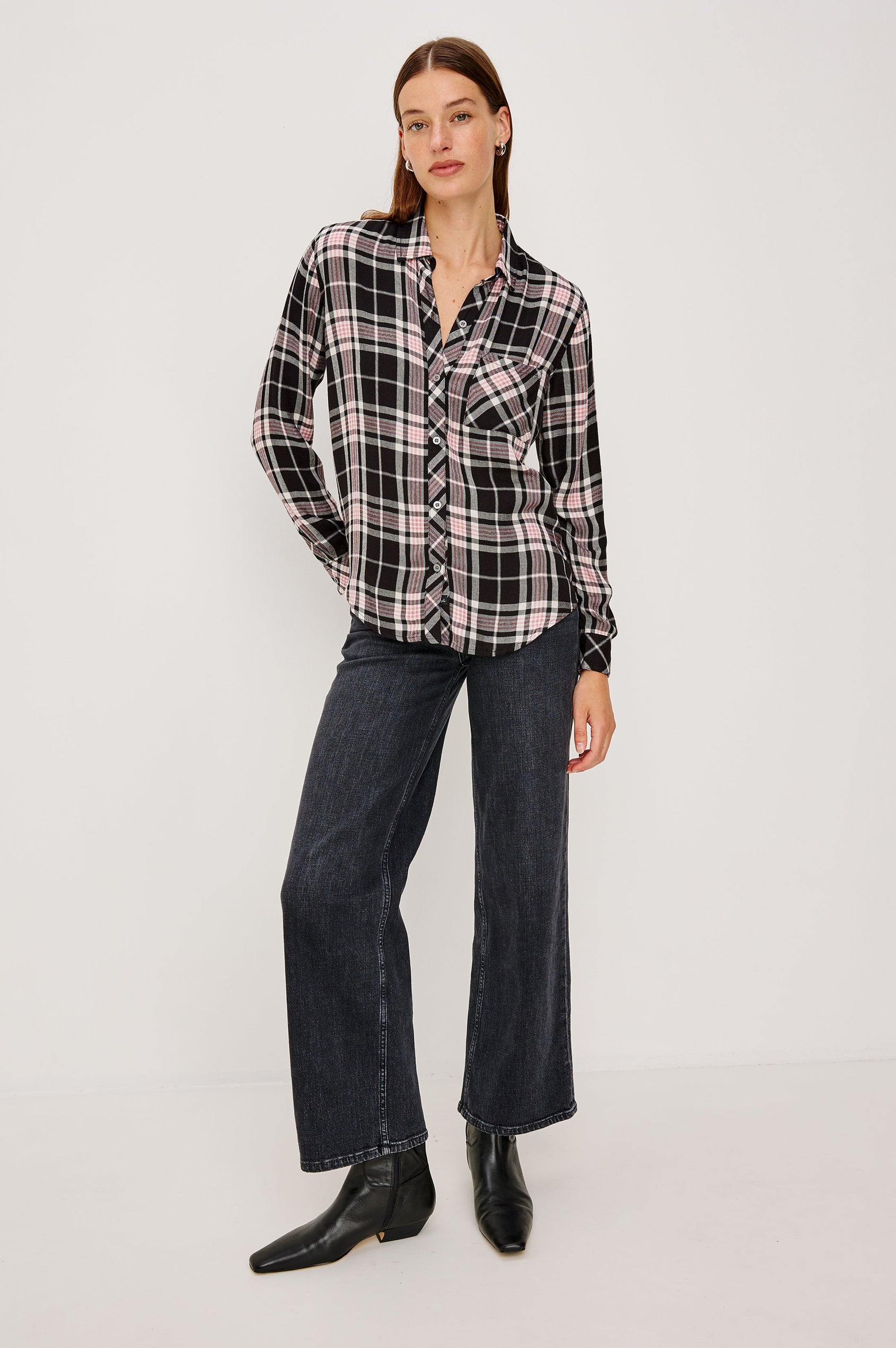 Hunter Long-Sleeve Button Up with a Chest Patch Pocket in Onyx Rose Gold Colorway, plaid  - Full Body Front View Featured on Model