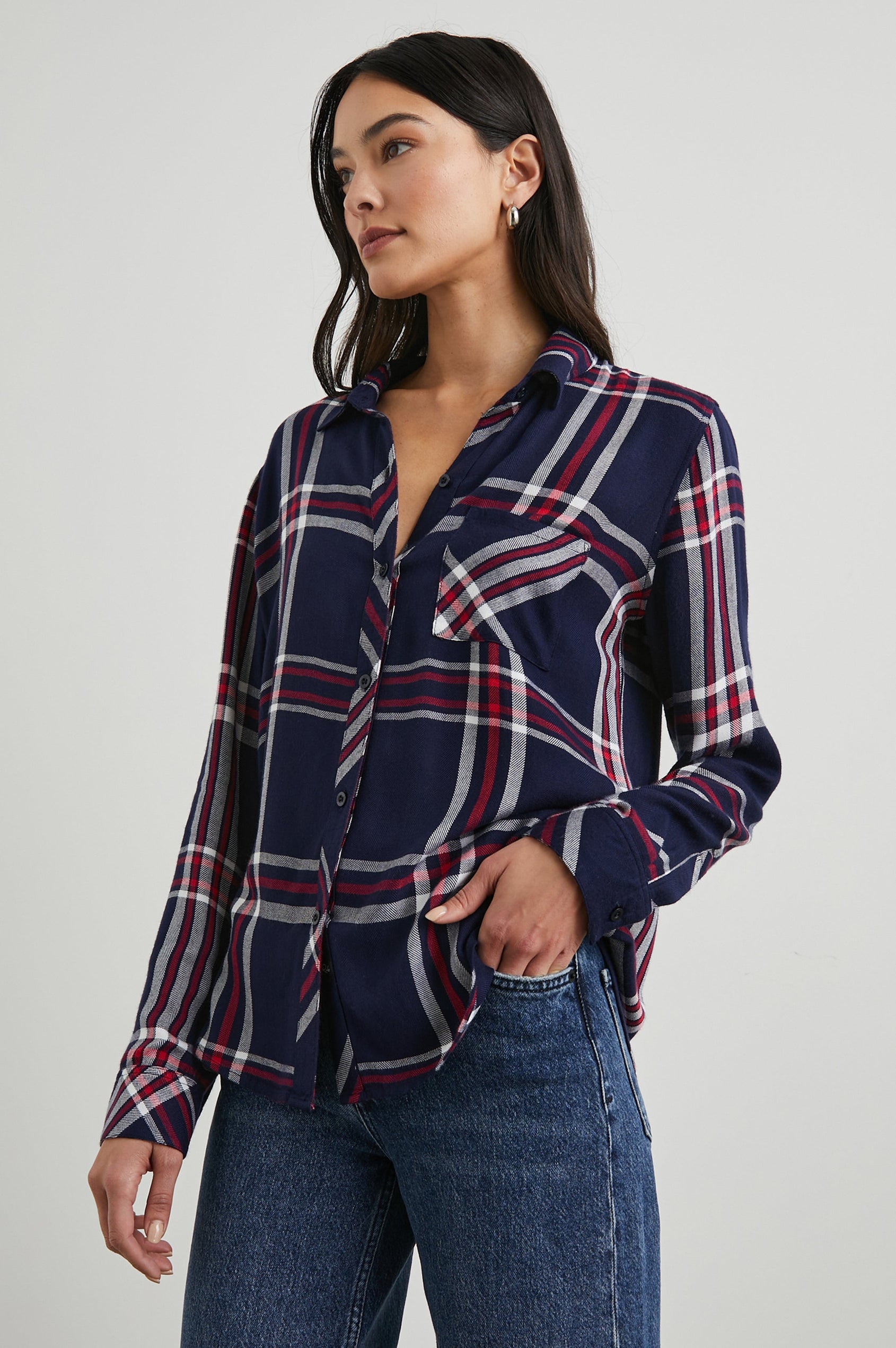 Hunter Long-Sleeve Button Up with a Chest Patch Pocket in Patriot Navy Red Colorway, plaid - Front View Featured on Model