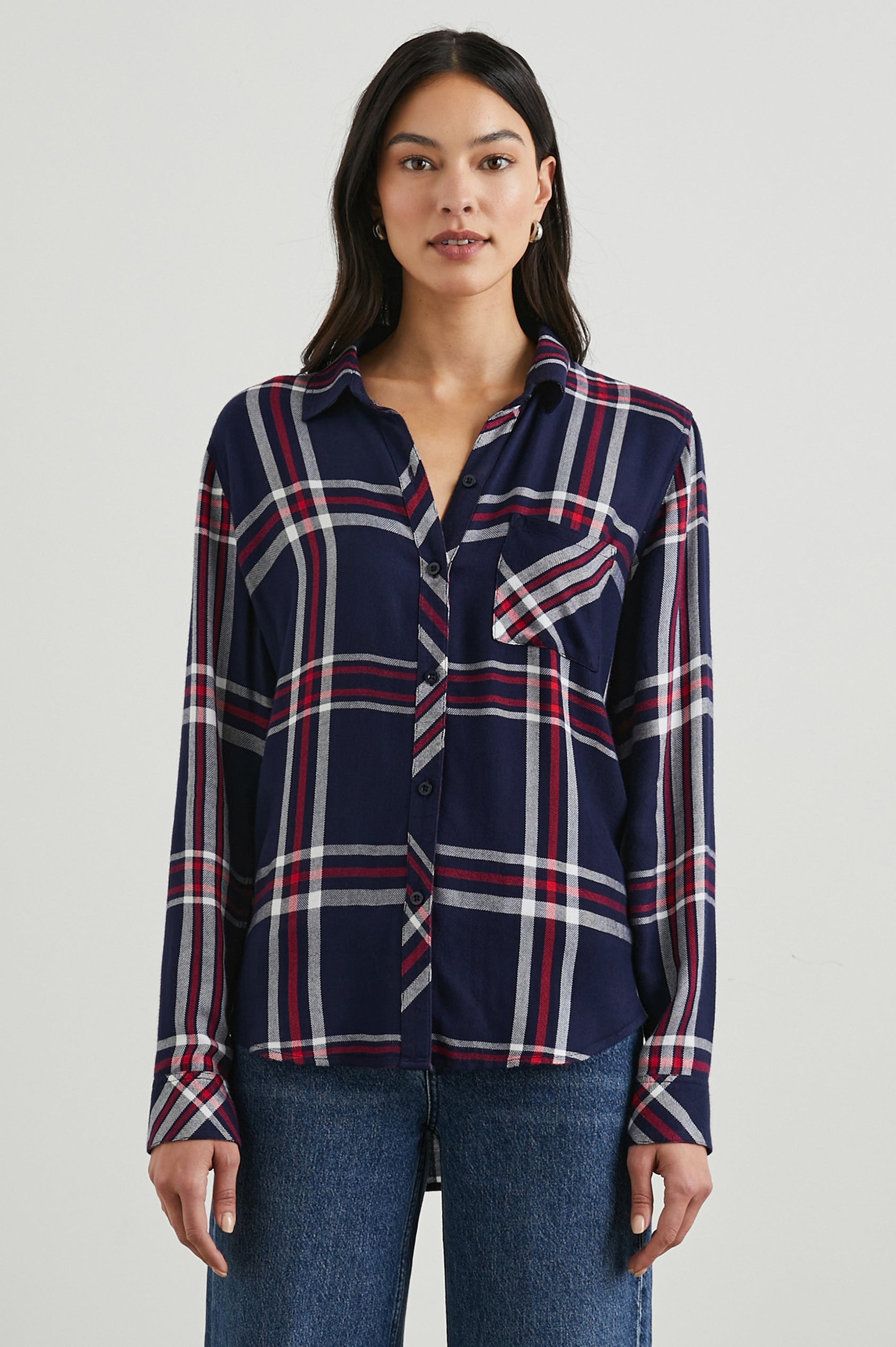 Hunter Long-Sleeve Button Up with a Chest Patch Pocket in Patriot Navy Red Colorway, plaid - Front View Featured on Model