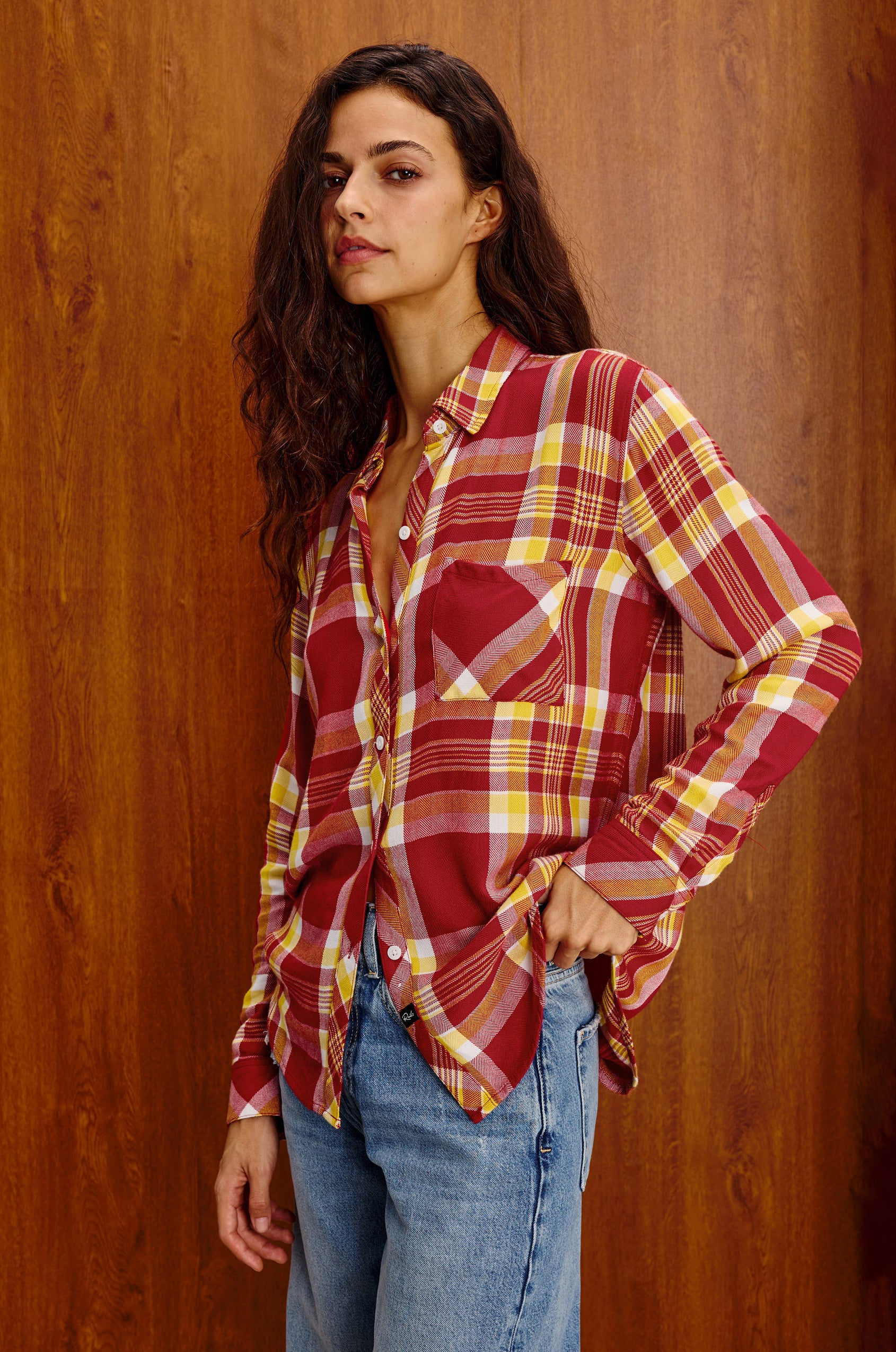 Hunter Plaid Button-Up Shirt in Signature Soft Rayon With Cashmere-Like Feel, Collar, Chest Patch Pocket, and Long Sleeves in Rally Red Colorway - Upper Body Side View Featured on Model