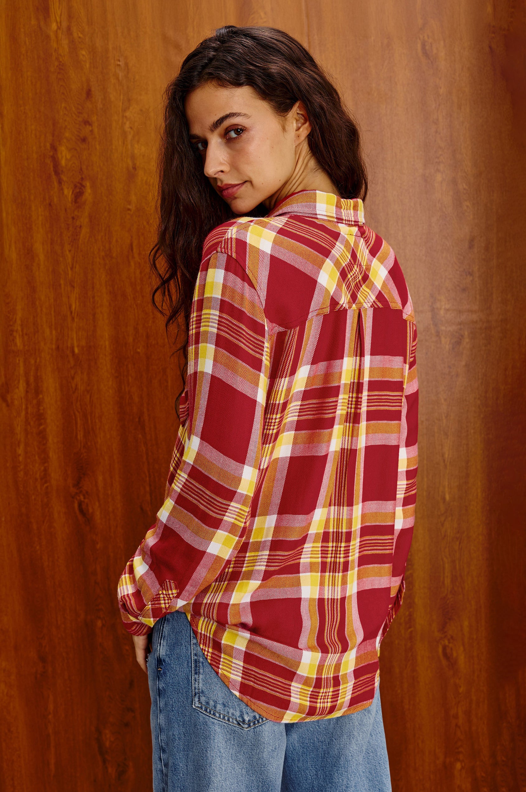 Hunter Plaid Button-Up Shirt in Signature Soft Rayon With Cashmere-Like Feel, Collar, Chest Patch Pocket, and Long Sleeves in Rally Red Colorway - Upper Body Back View Featured on Model