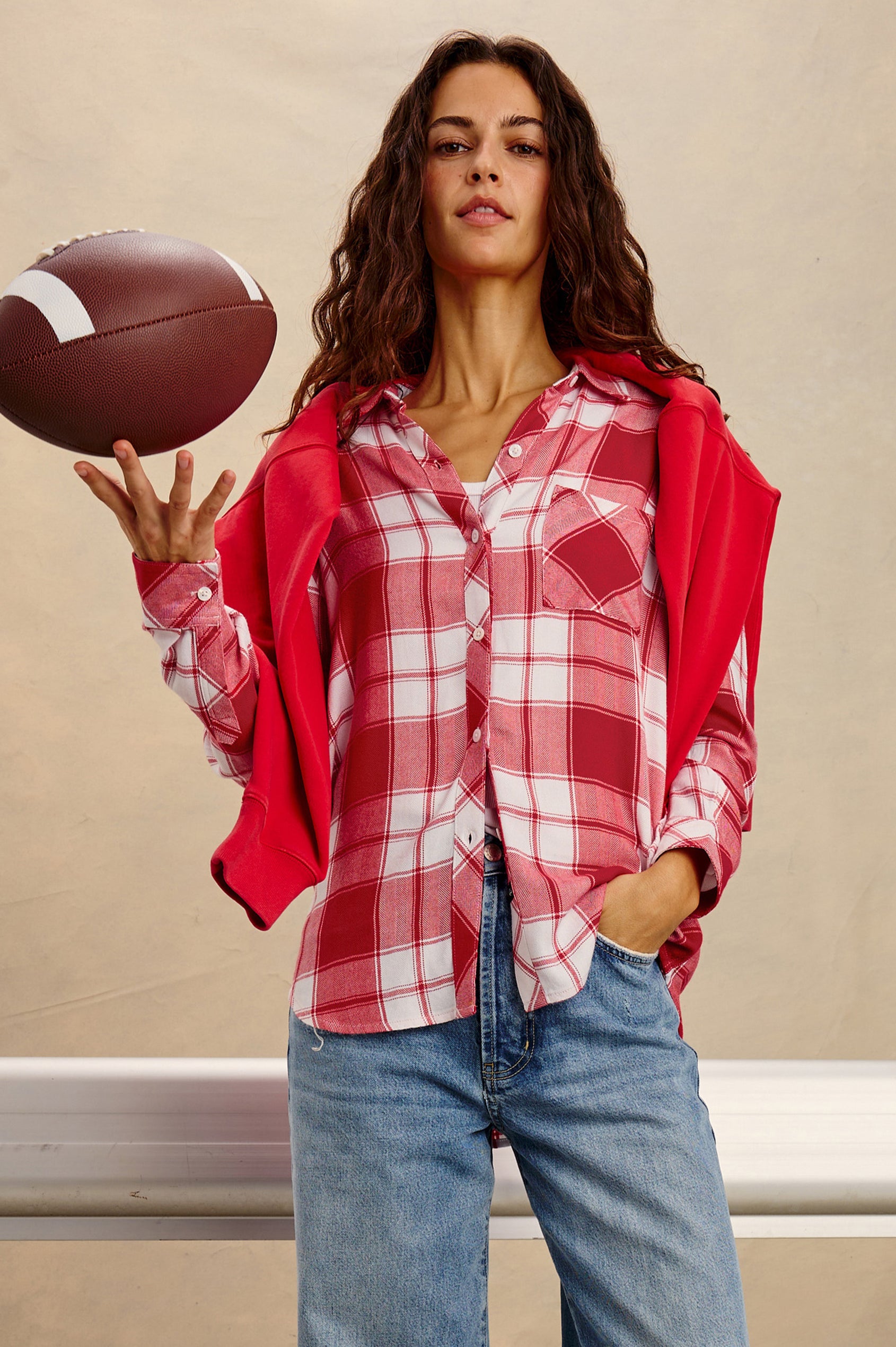 Hunter Plaid Button-Up Shirt in Signature Soft Rayon With Cashmere-Like Feel, Collar, Chest Patch Pocket, and Long Sleeves in Rivalry Red Colorway - Full Body Front View Featured on Model