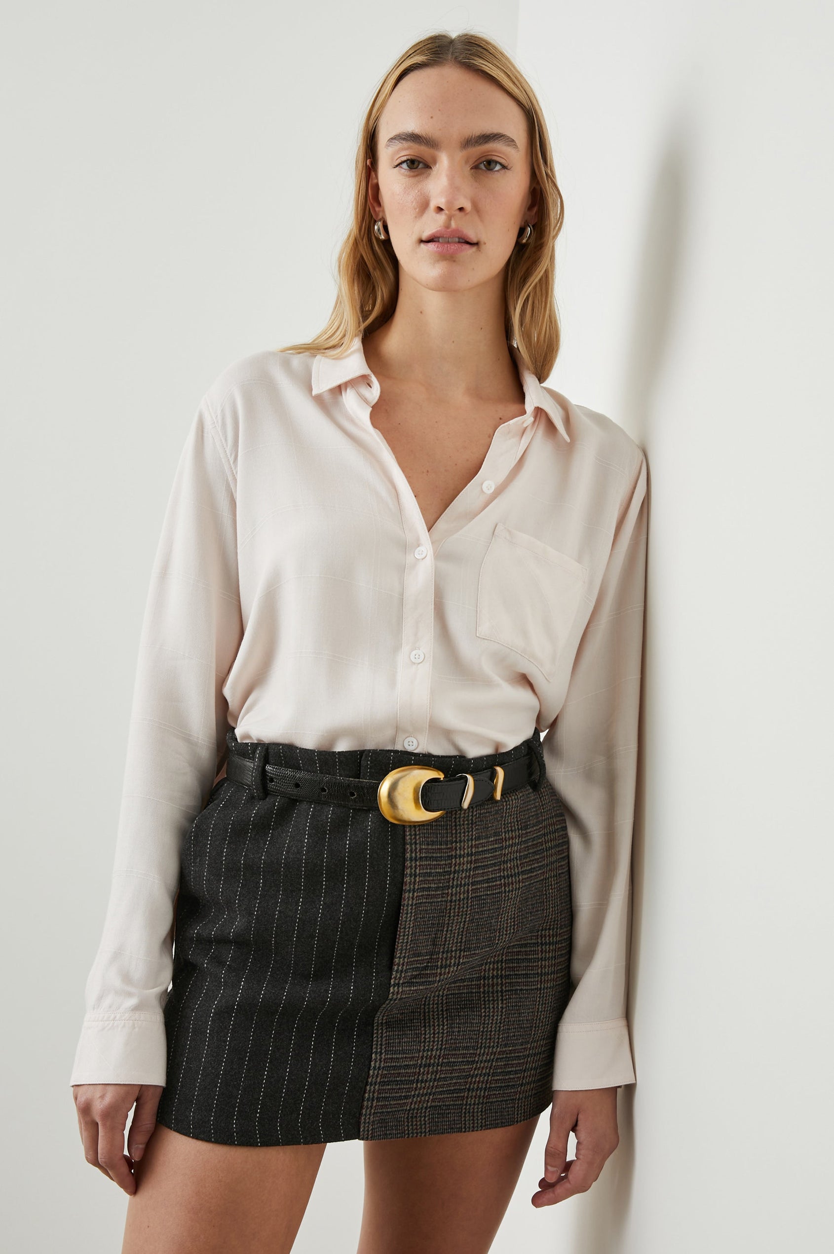 Hunter Long-Sleeve Button Up with a Chest Patch Pocket in Rosewater Colorway - Front Tucked View Featured on Model