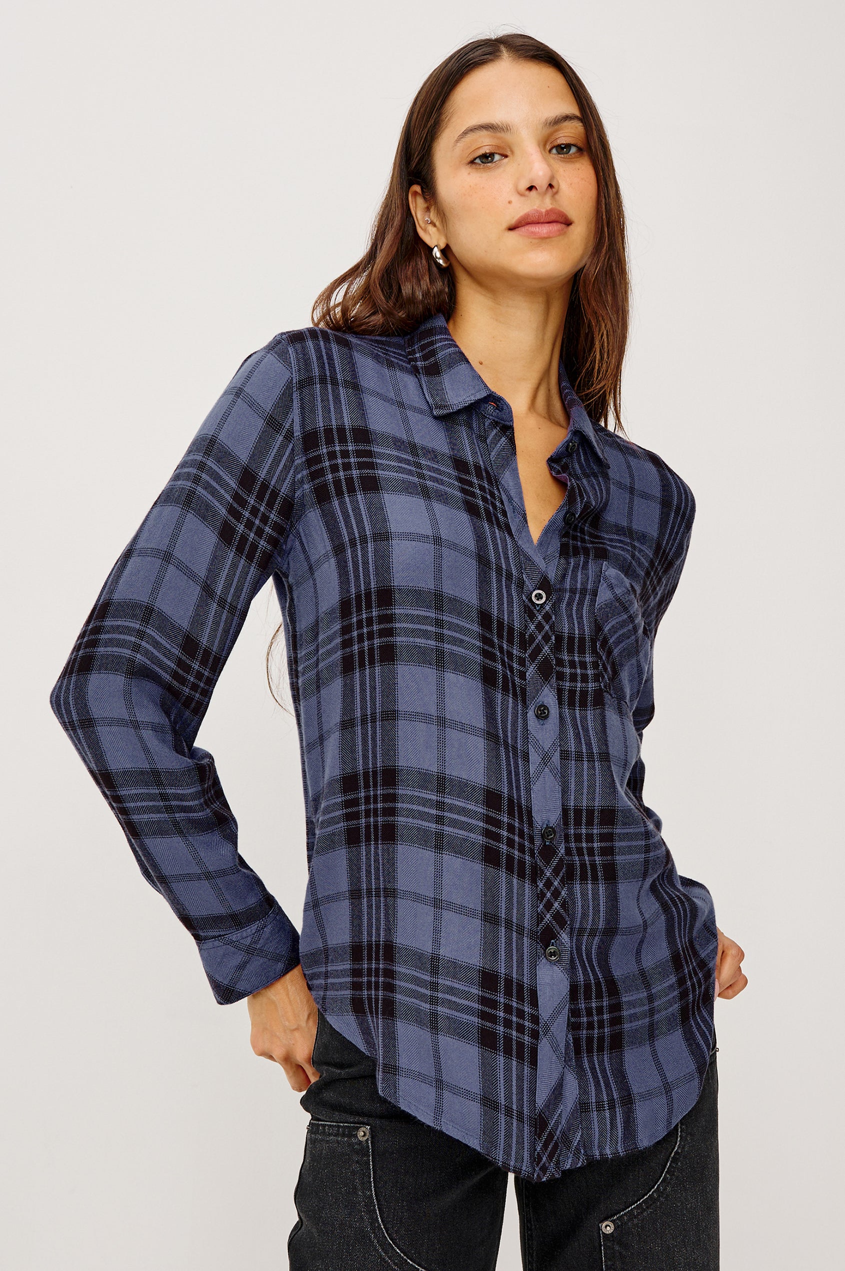 Hunter Button-Up Shirt in Signature Rayon With Collar, Front Buttons, Chest Patch Pocket, and Long Sleeves in Sapphire Ash Colorway - Upper Body Front View Featured on Model