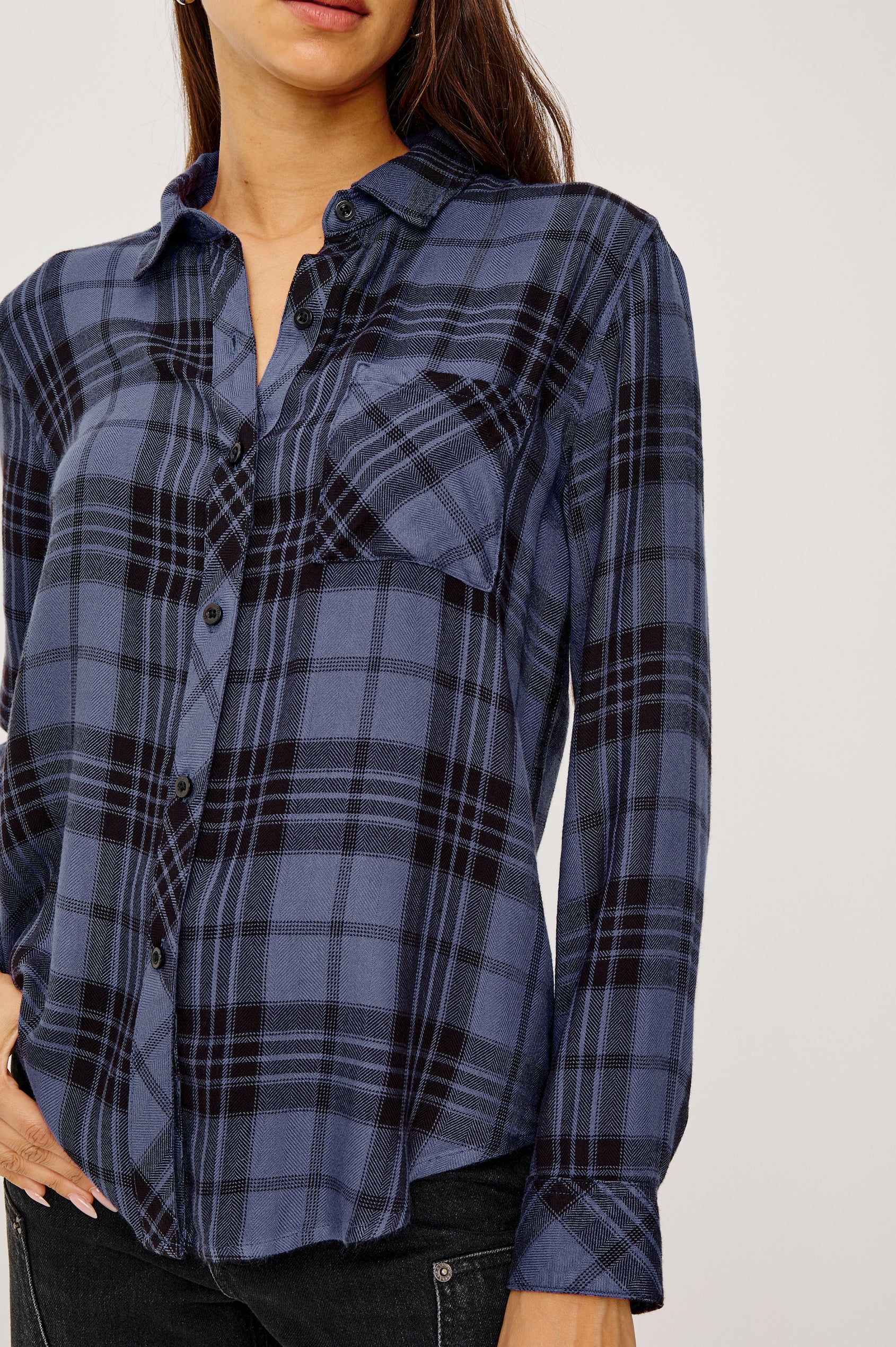 Hunter Button-Up Shirt in Signature Rayon With Collar, Front Buttons, Chest Patch Pocket, and Long Sleeves in Sapphire Ash Colorway - Upper Body Close Up Front View Featured on Model