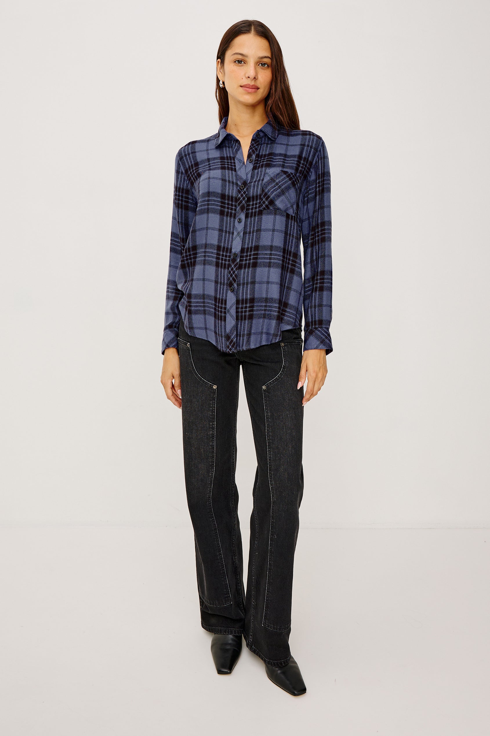 Hunter Button-Up Shirt in Signature Rayon With Collar, Front Buttons, Chest Patch Pocket, and Long Sleeves in Sapphire Ash Colorway - Full Body Front View Featured on Model