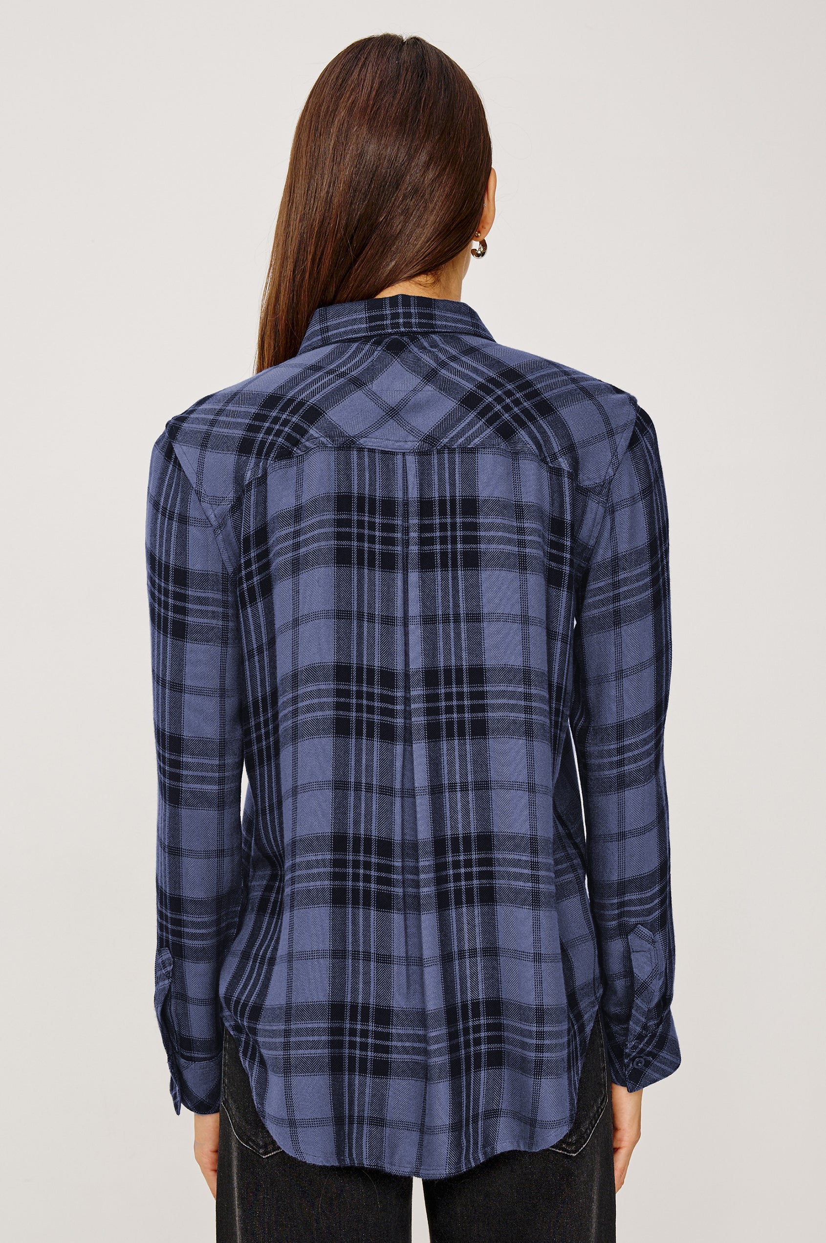 Hunter Button-Up Shirt in Signature Rayon With Collar, Front Buttons, Chest Patch Pocket, and Long Sleeves in Winter Berry Colorway - Upper Body Back View Featured on Model