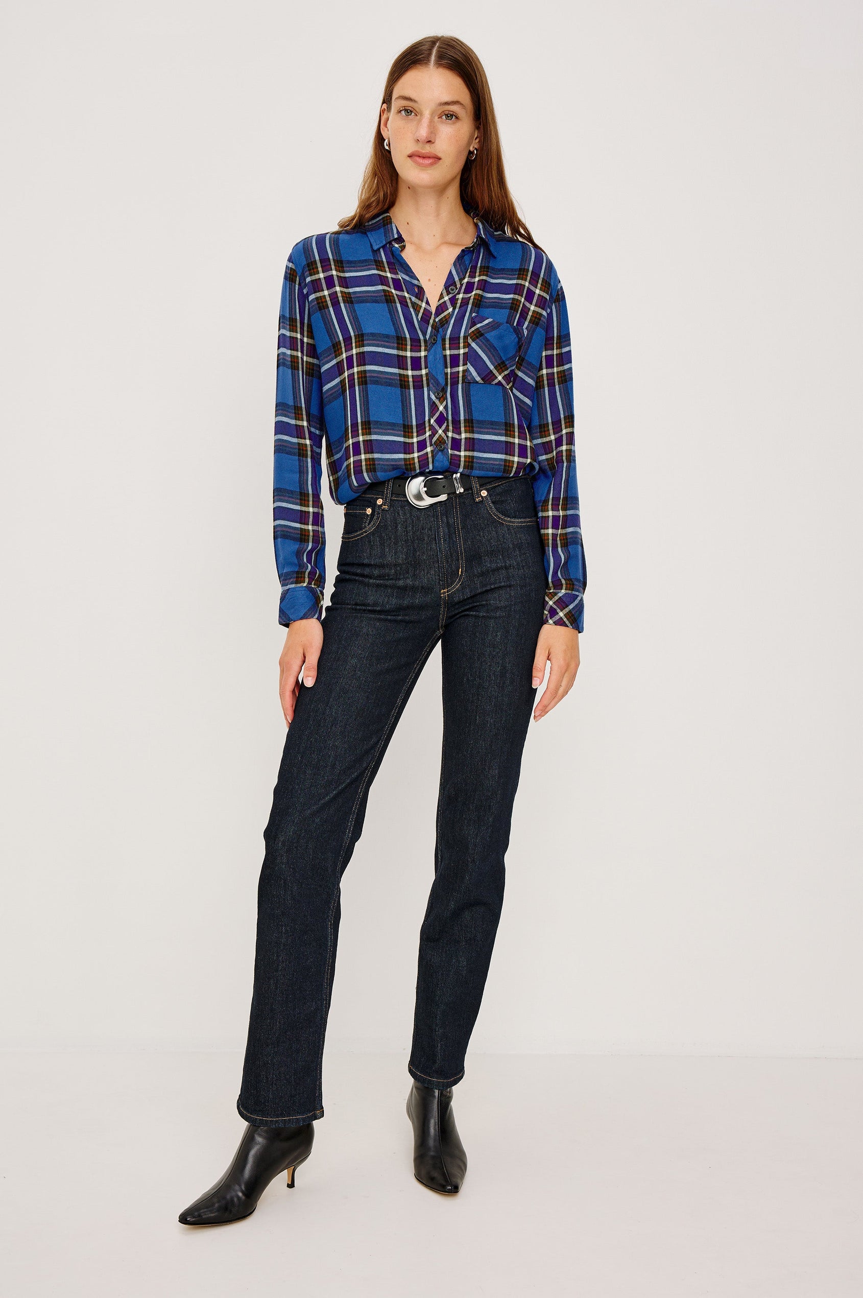 Hunter Long-Sleeve Button Up with a Chest Patch Pocket in Sapphire Indigo Colorway, plaid - Full body Front View Featured on Model