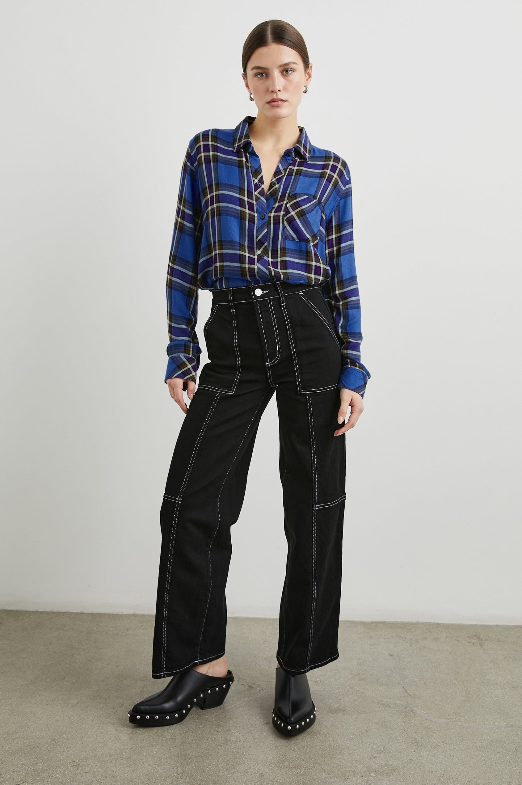 Hunter Long-Sleeve Button Up with a Chest Patch Pocket in Sapphire Indigo Colorway, plaid - Front Tucked Full Body View Featured on Model