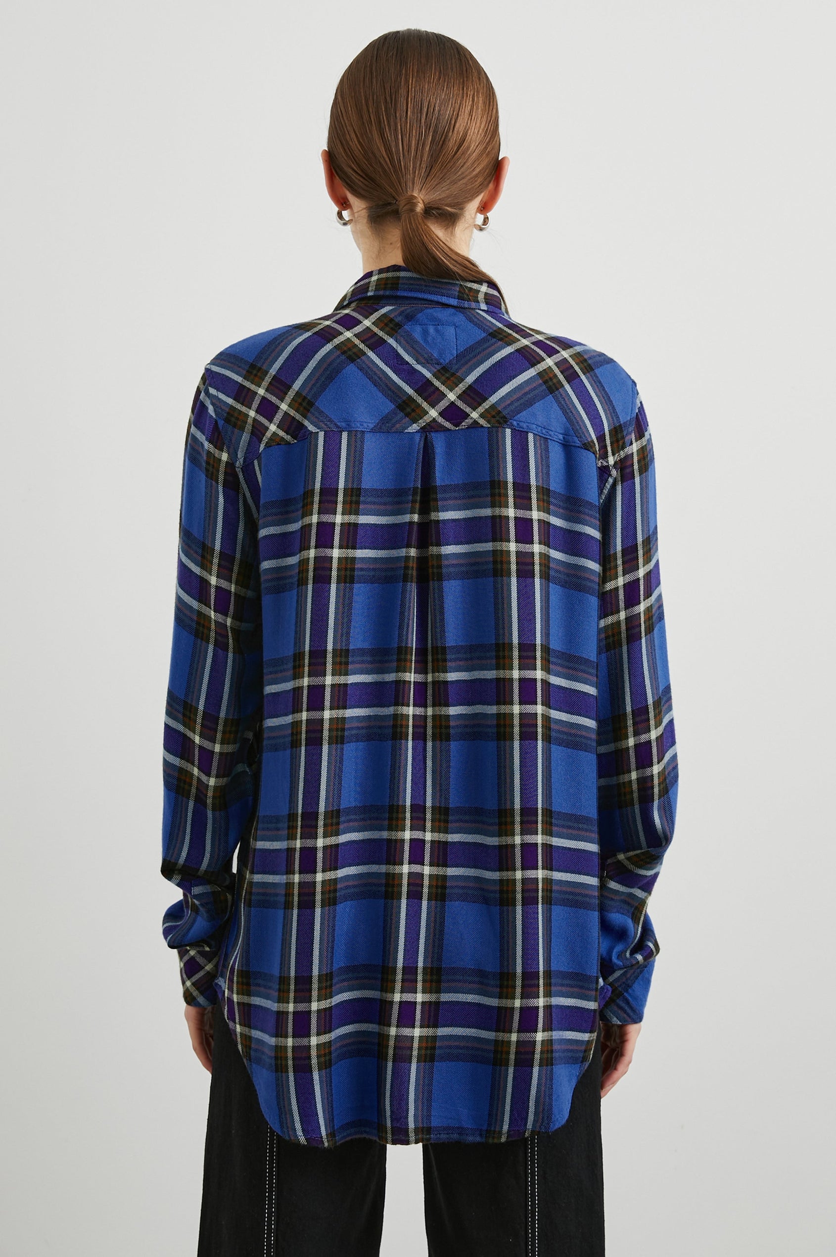 Hunter Long-Sleeve Button Up with a Chest Patch Pocket in Sapphire Indigo Colorway, plaid - Back View Featured on Model