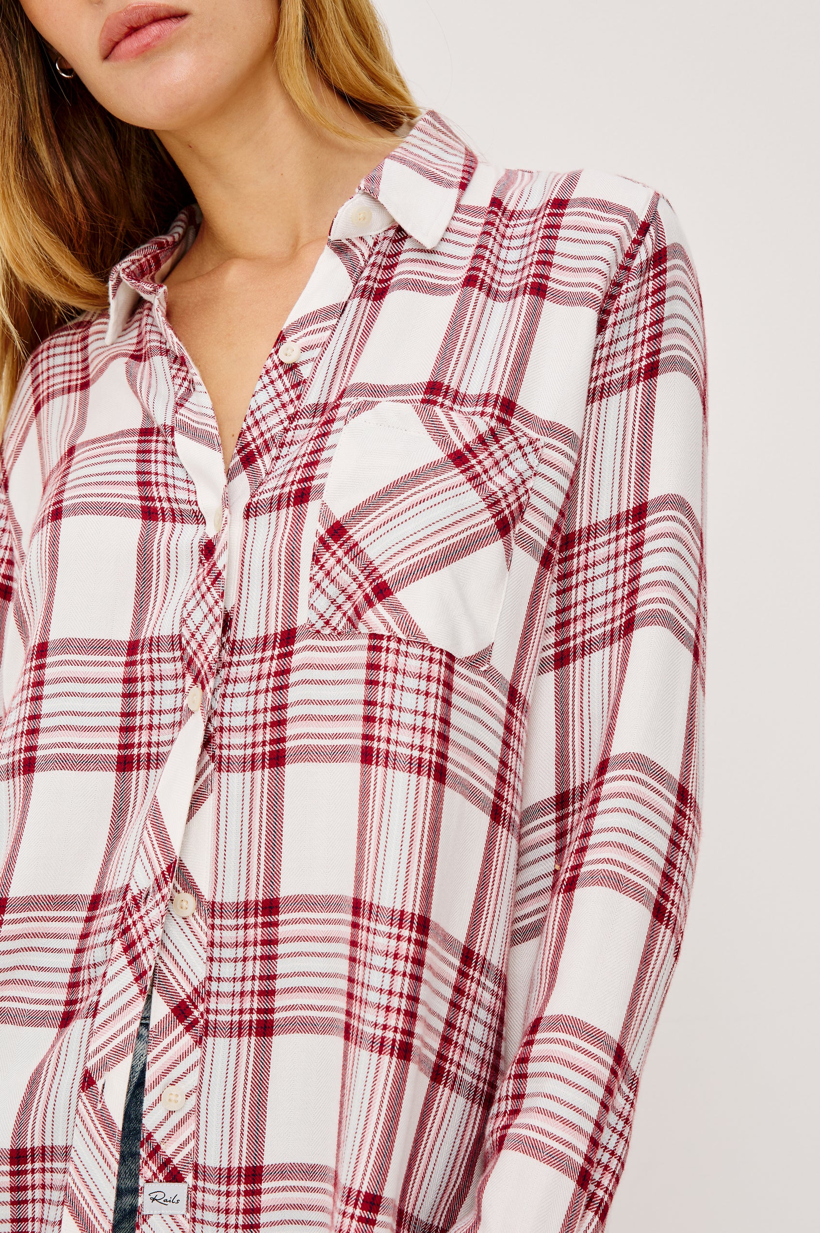 Hunter Long-Sleeve Button Up with a Chest Patch Pocket in White Sangria Colorway, plaid - Detail View Featured on Model