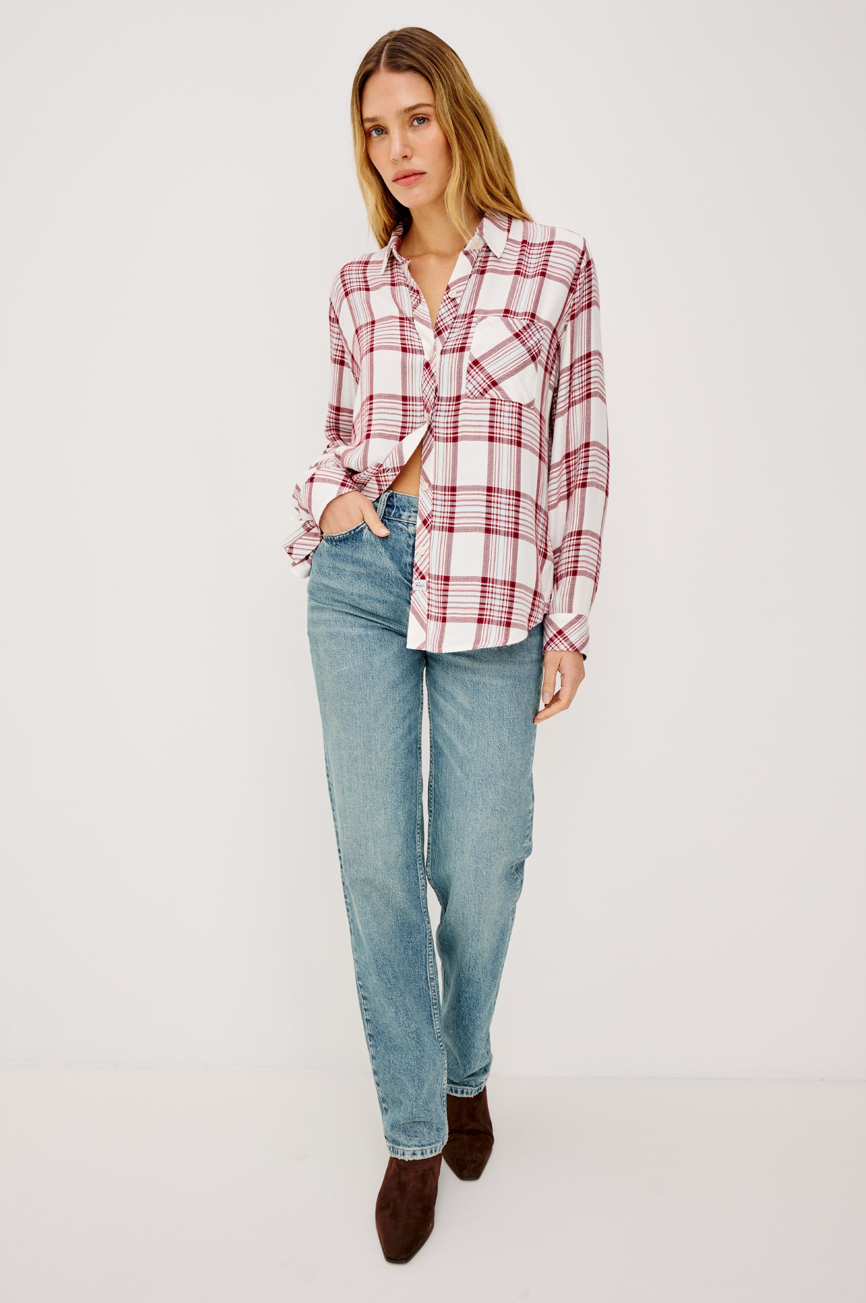 Hunter Long-Sleeve Button Up with a Chest Patch Pocket in White Sangria Colorway, plaid - Front View Featured on Model