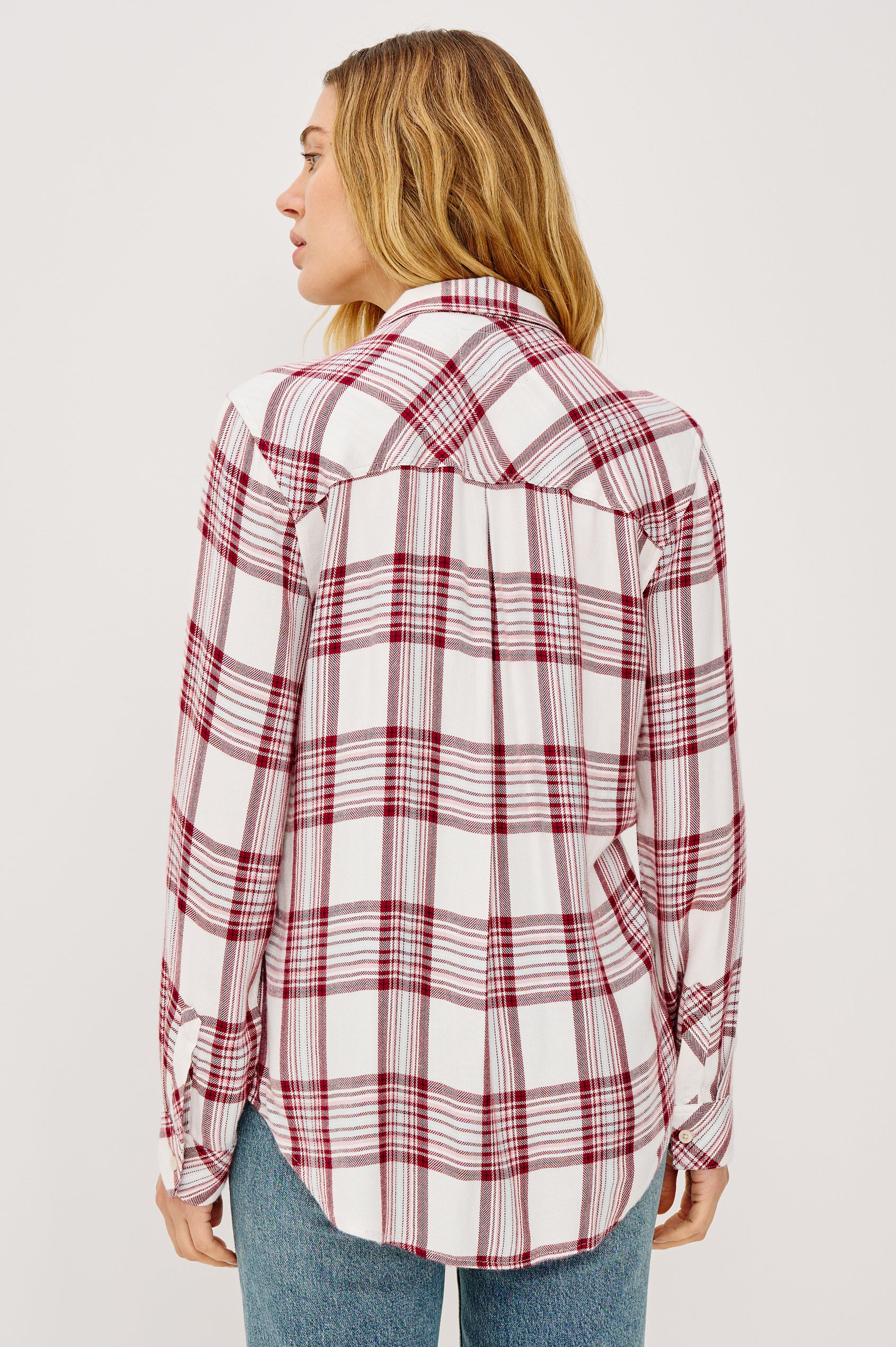 Hunter Long-Sleeve Button Up with a Chest Patch Pocket in White Sangria Colorway, plaid - Back View Featured on Model