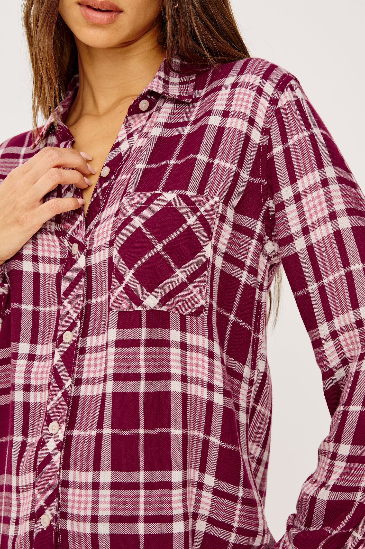 Hunter Button-Up Shirt in Signature Rayon With Collar, Front Buttons, Chest Patch Pocket, and Long Sleeves in Winter Berry Colorway - Upper Body Close Up View Featured on Model