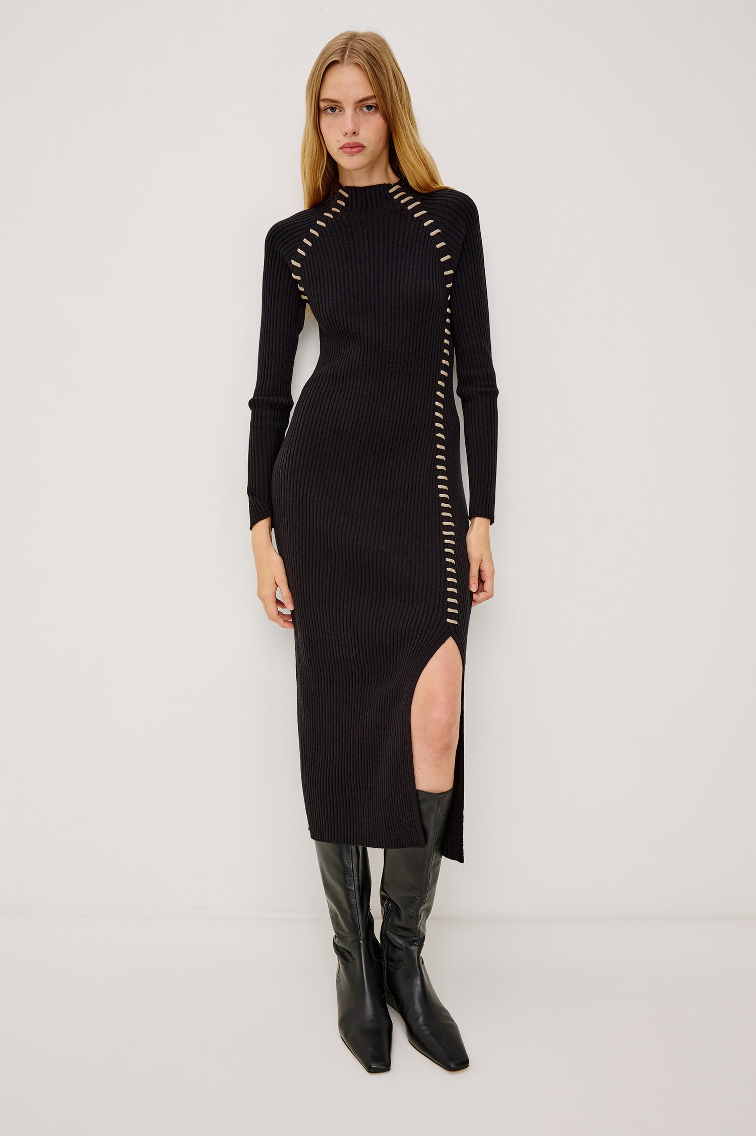 Imara Fitted Midi Dress in Ribbed Wool Silk Blend With Funnel Crew Neck, Long Sleves, and Side Slit in Black Oat Black Oatmeal Blanket Stitch Colorway - Full Body Front View Featured on Model