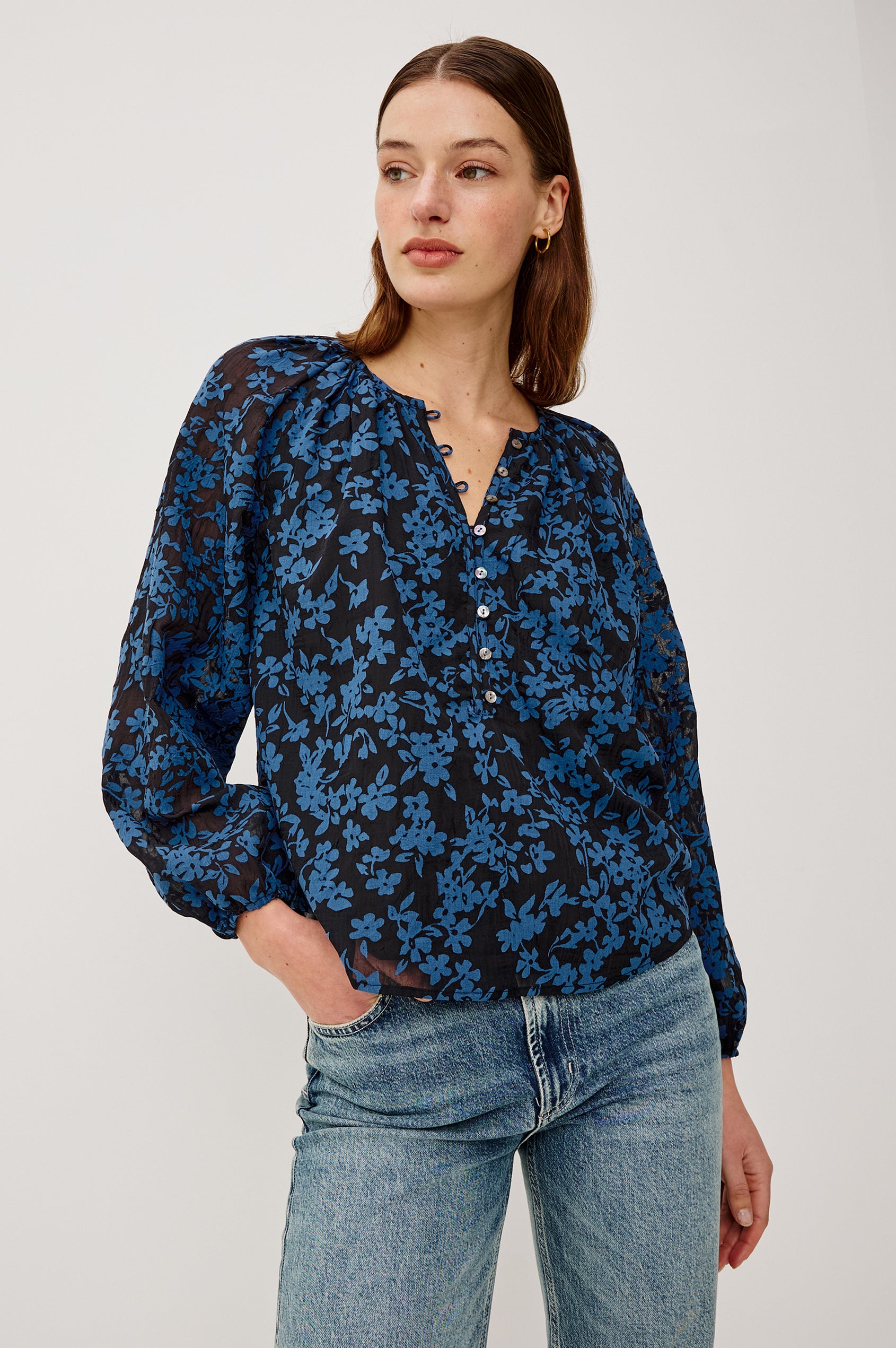 Indi Top in Crinkle Jacquard With Front Button-and-Loop Closures Long Sleeves and Relaxed Fit in Midnight Silhouette Floral Colorway - Upper Body Front View Featured on Model