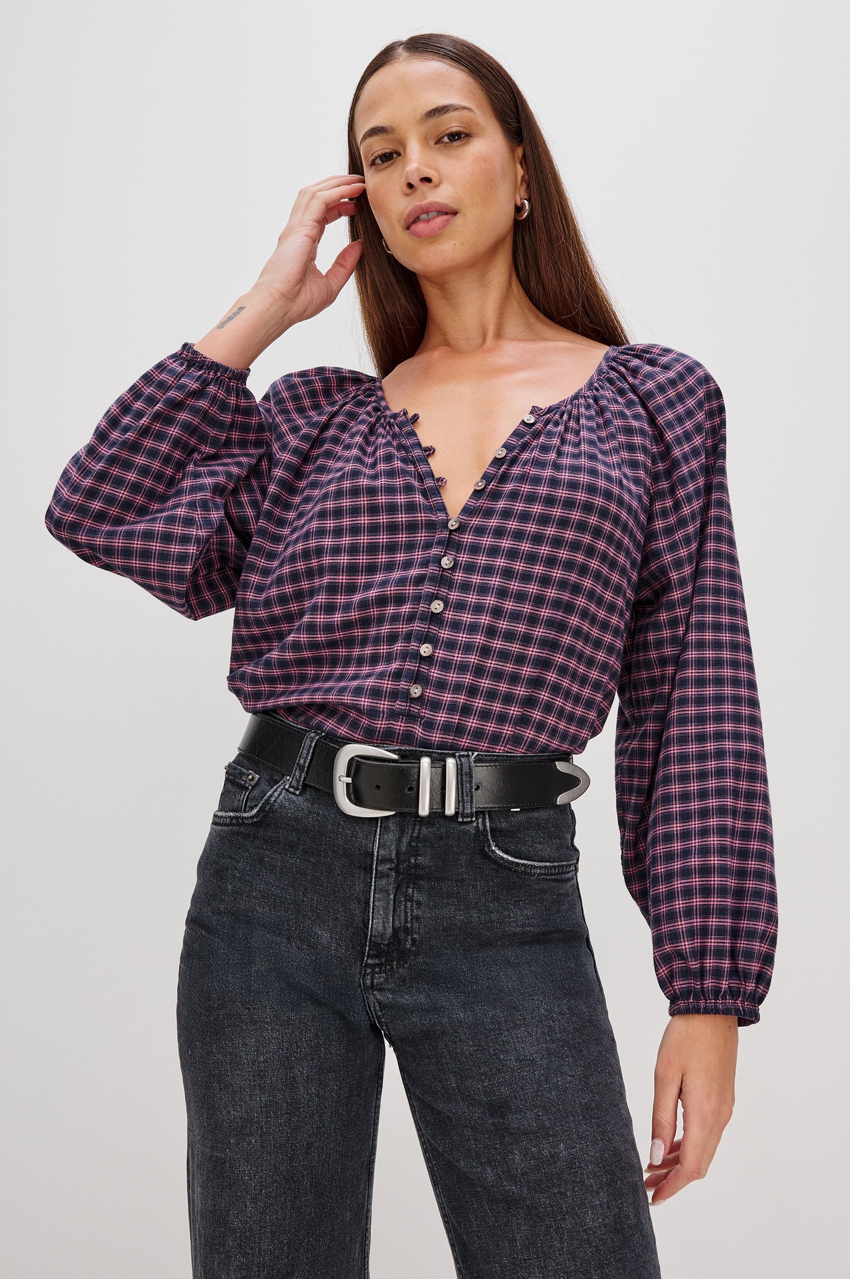 Indi Top with a V Neckline with a Button Placket, Pleating at Back Neckline and Elastic Cuffs in Rose Check Colorway - Front tucked in View Featured on Model