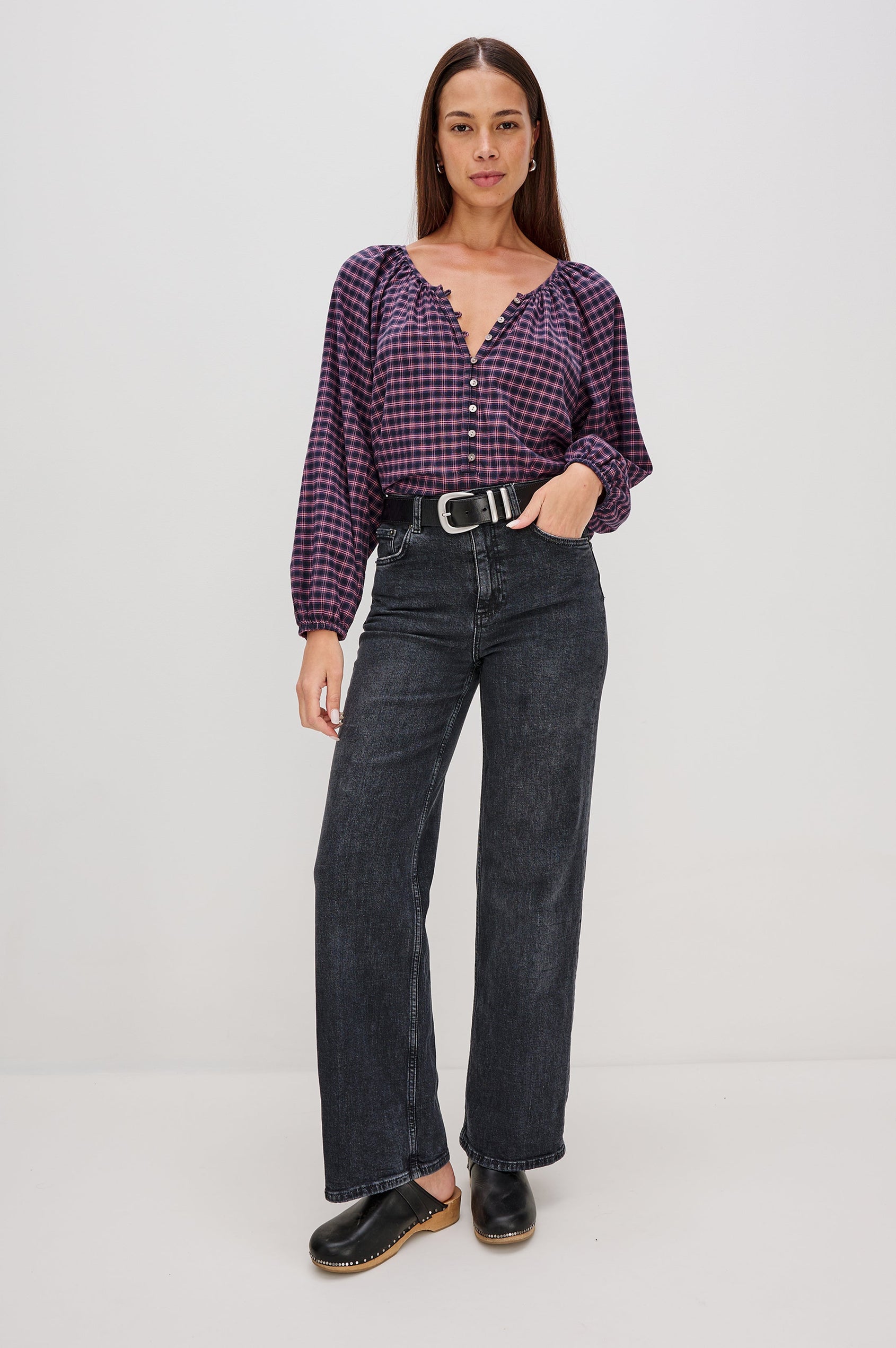 Indi Top with a V Neckline with a Button Placket, Pleating at Back Neckline and Elastic Cuffs in Rose Check Colorway - Full Body Front tucked in View Featured on Model