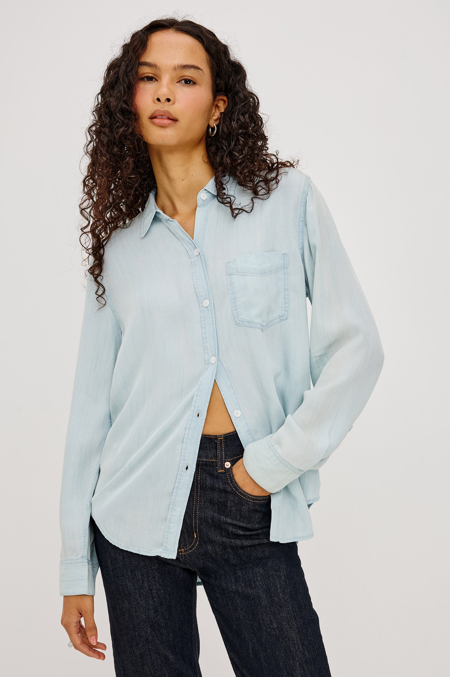 Ingrid Shirt in TENCEL™Denim With Classic Fit, Front Buttons, Chest Patch Pocket, and Long Sleeves in Light Vintage Colorway - Upper Body Front View Featured on Model