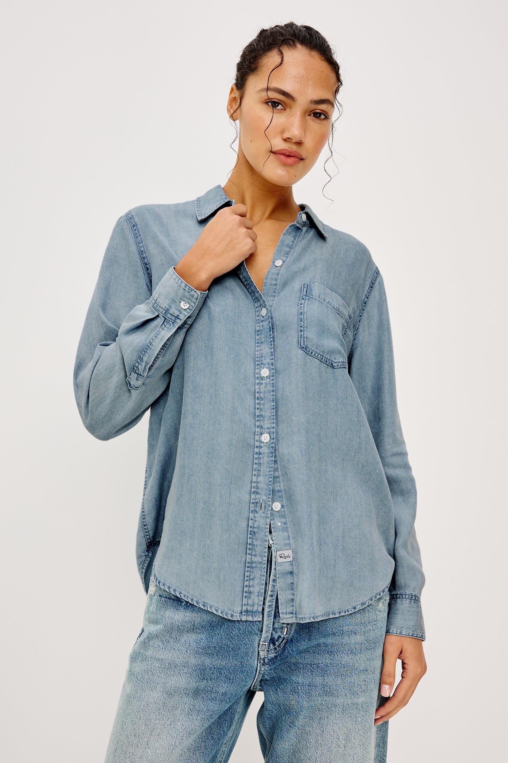 Ingrid Button-Up Collared Shirt in TENCEL™Denim With Vintage-Inspired Wash, Chest Patch Pocket, and Long Sleeves in Cloud Wash Colorway - Upper Body Front View Featured on Model