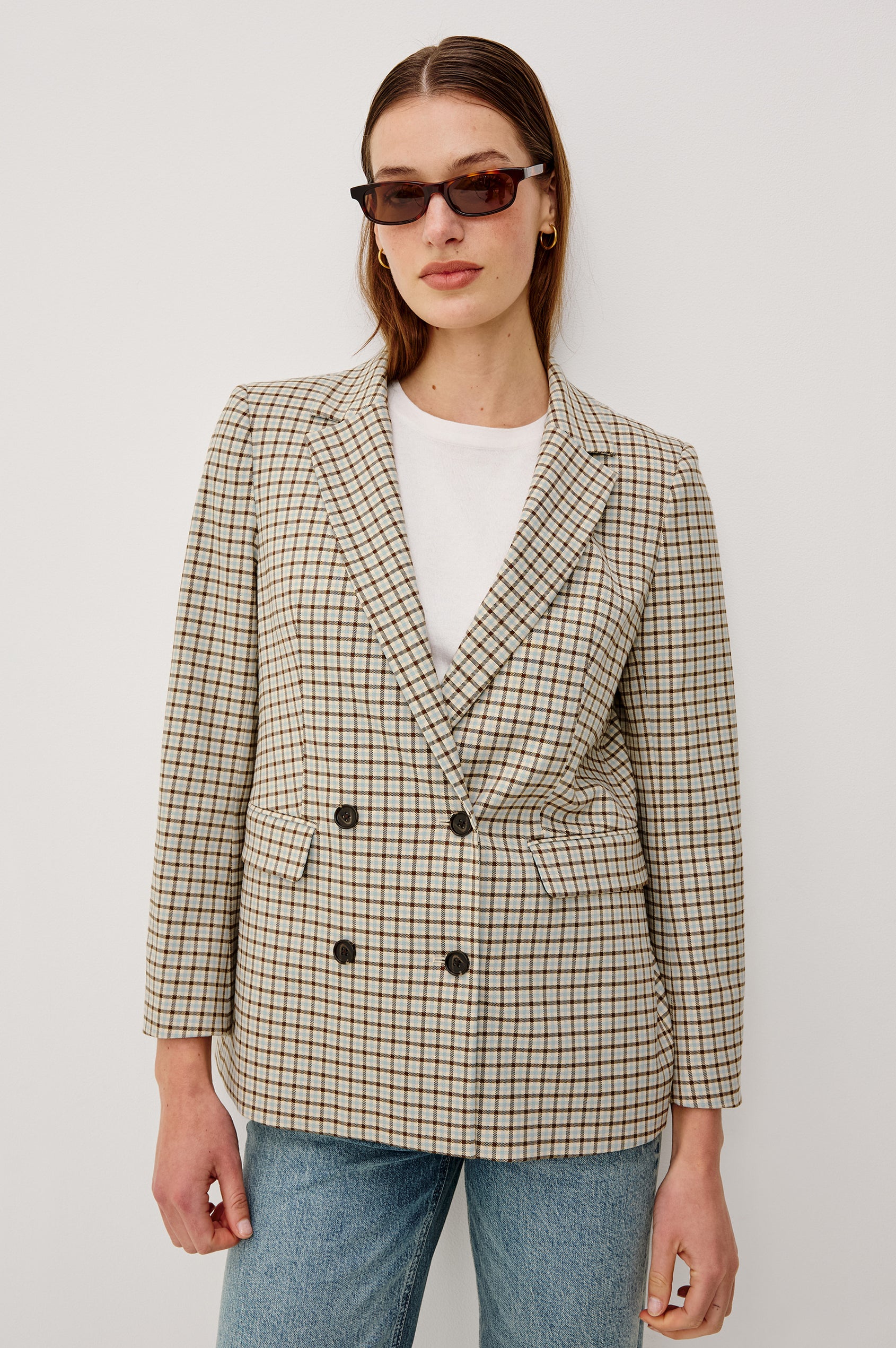 Jac Double-Breasted Blazer With Notched Lapels, Side Flap Pockets, and Full Lining in Blue Bay Check Clorway - Upper Body Front View Featured on Model