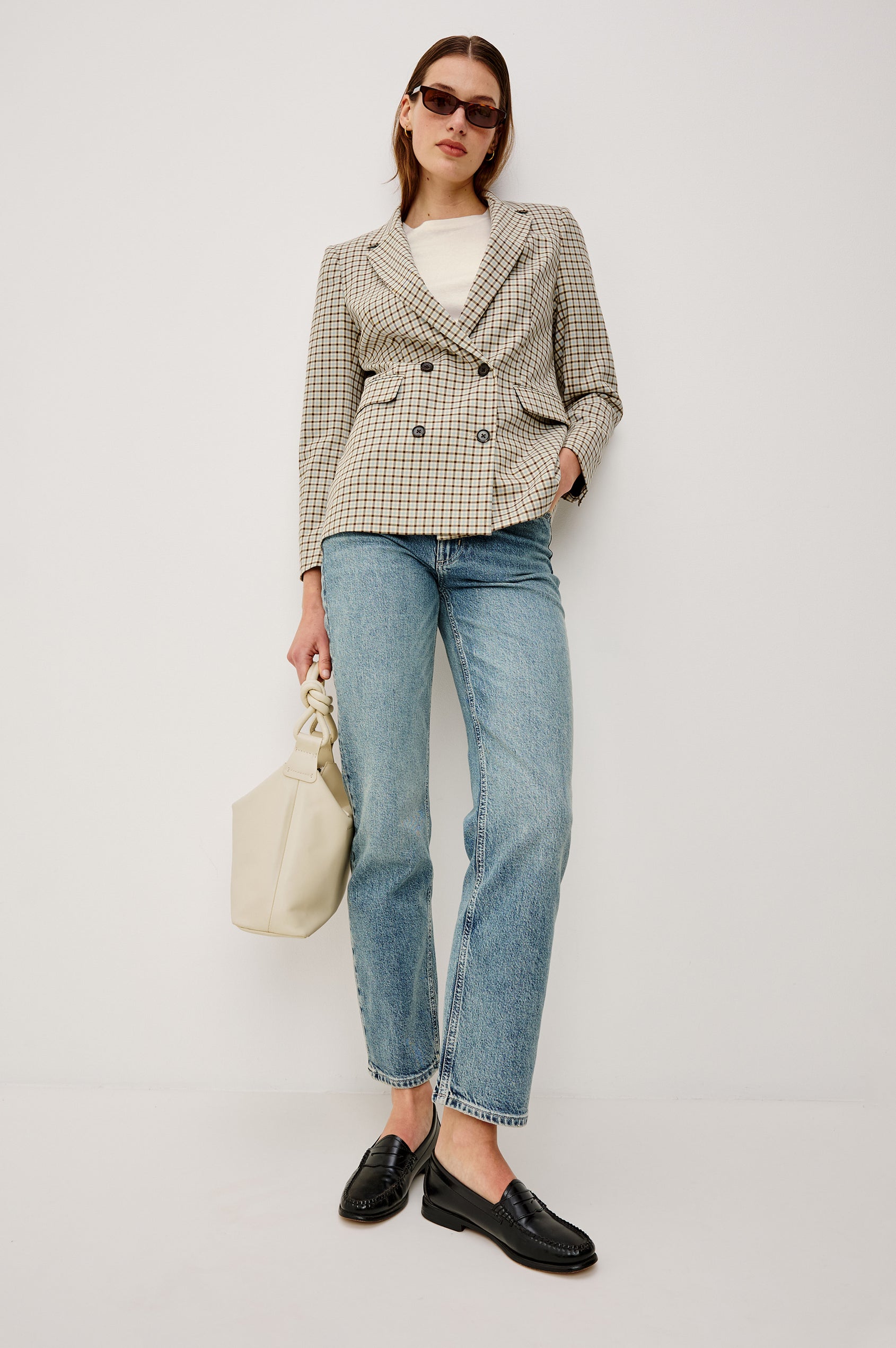 Jac Double-Breasted Blazer With Notched Lapels, Side Flap Pockets, and Full Lining in Blue Bay Check Clorway - Full Body Front View Featured on Model