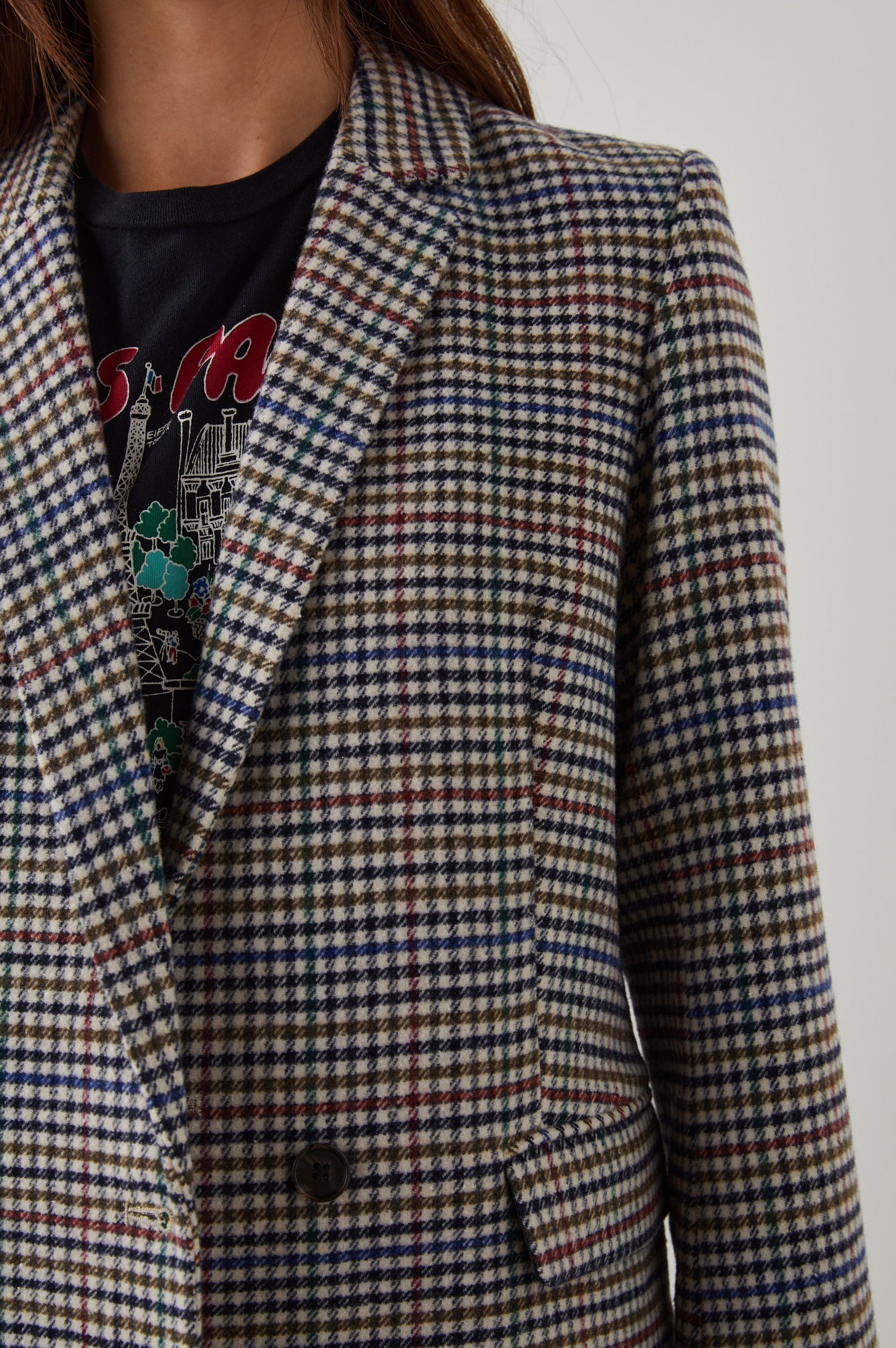 Jac Double-Breasted Blazer with Two Front Flap Pockets and a Notched Label in Cardinal Pine Multi Colorway, a plaid with Cardinal, Pine, Blue, Cream and Black - Front View Featured on Model