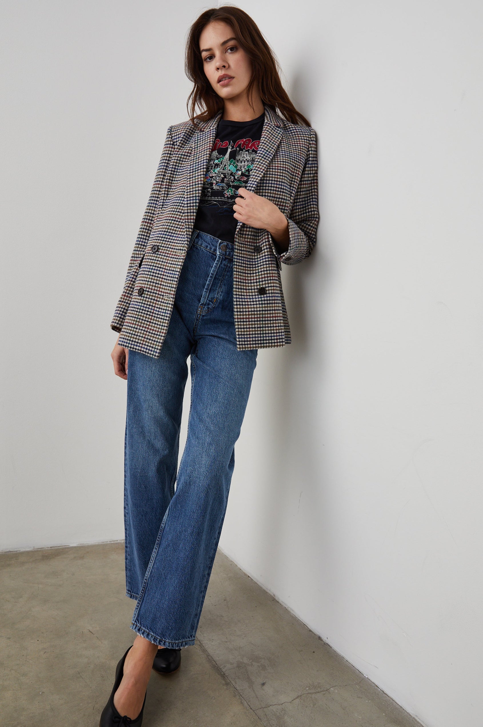 Jac Double-Breasted Blazer with Two Front Flap Pockets and a Notched Label in Cardinal Pine Multi Colorway, a plaid with Cardinal, Pine, Blue, Cream and Black - Front Full Body View Featured on Model