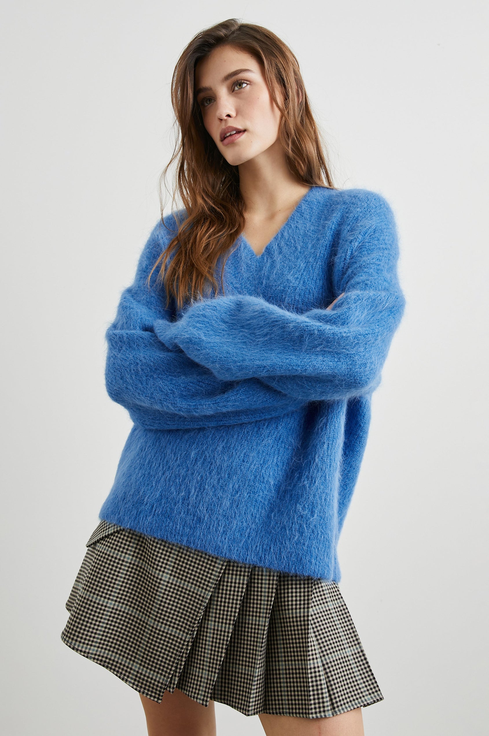 Jodie Long-Sleeve Sweater with a V Neck in Cobalt Colorway  - Front View Featured on Model