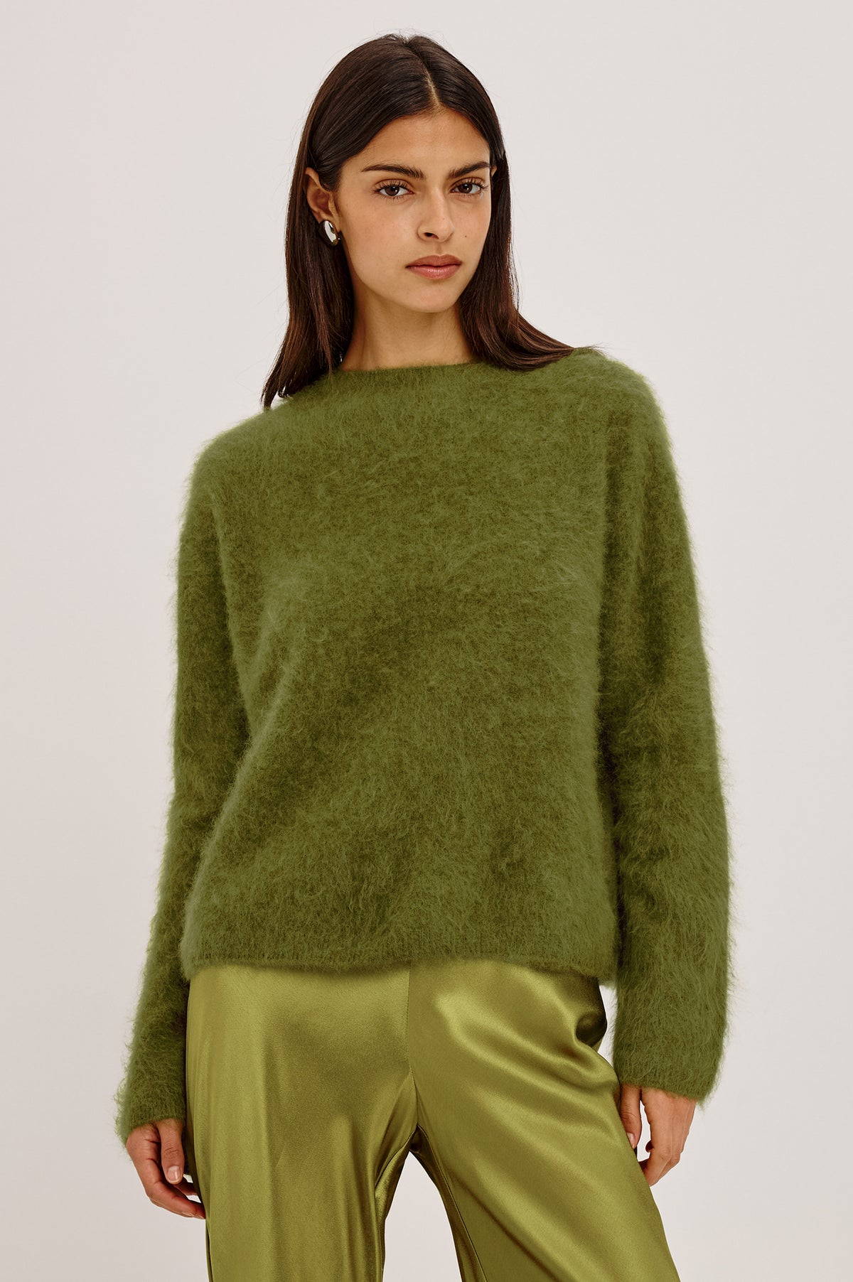 Joel Sweater in Brushed Wool With Oversized Boxy Relaxed Fit, Drop Shoulders, and Mock Neckline in Celery Colorway - Front View Featured on Model.