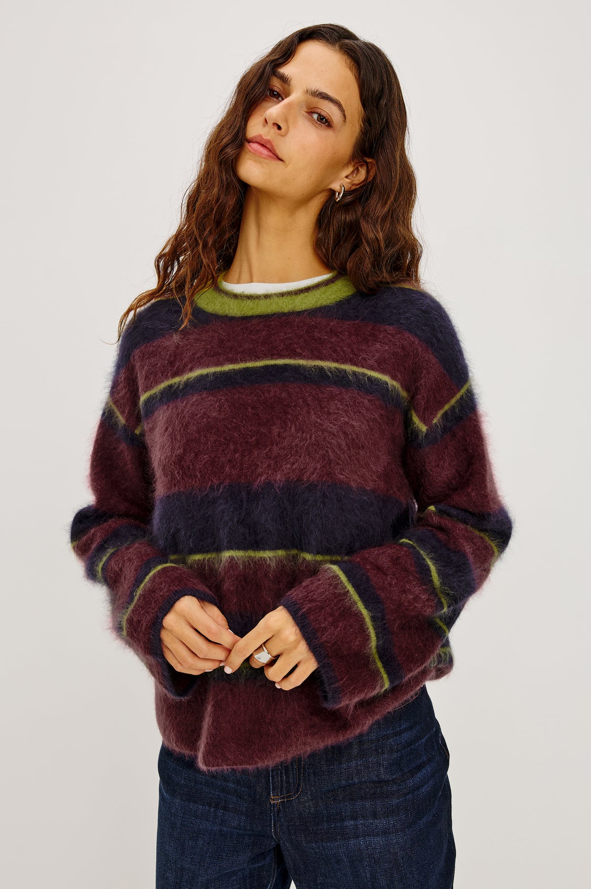 Joel Sweater in Wool Cashmere Blend With Crew Neckline, Long Bell Sleeves, and Relaxed Pullover Fit in Gem Stripe Colorway - Upper Body Front View Featured on Model