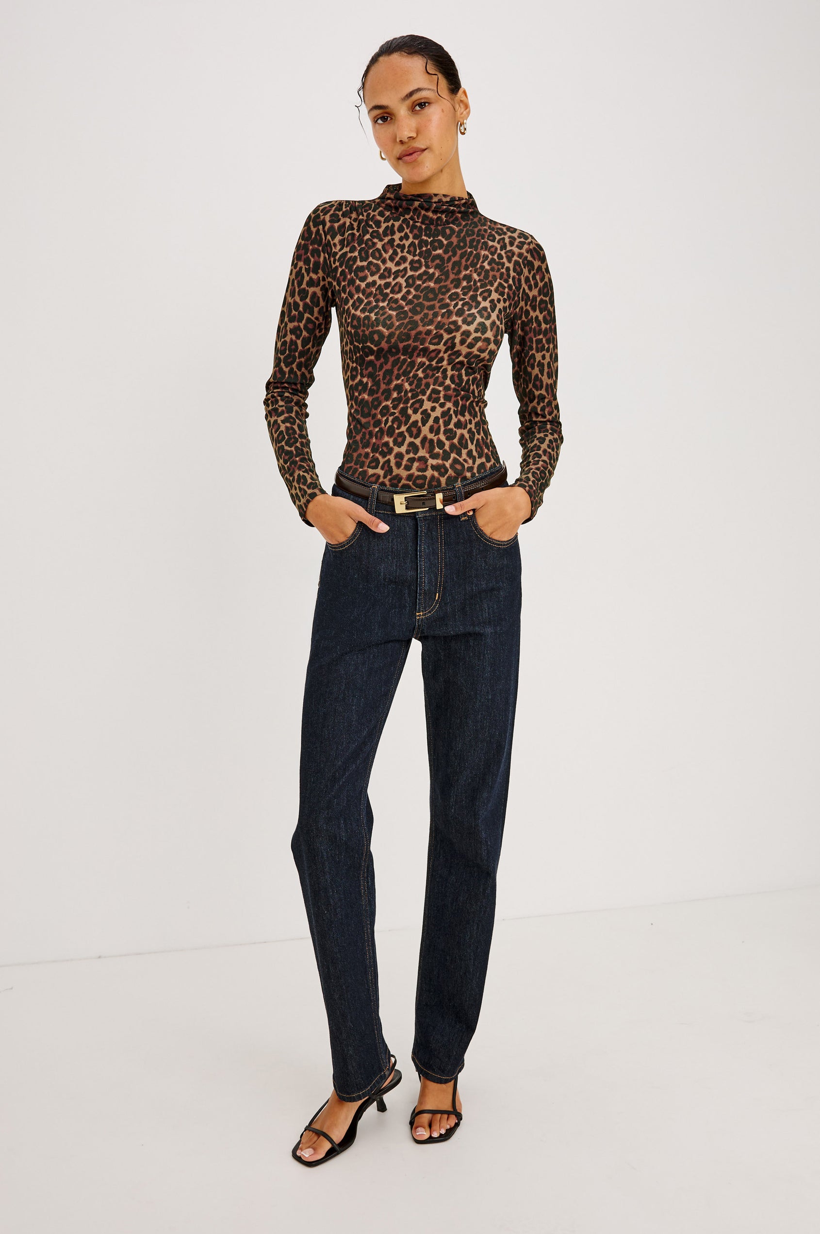 Joelle Top in Mesh With High Funnel Neckline, Long Sleeves, Self-Lined Body, and Asymmetric Ruching at Shoulder and Waist in Brown Nala Colorway - Full Body Front View Featured on Model