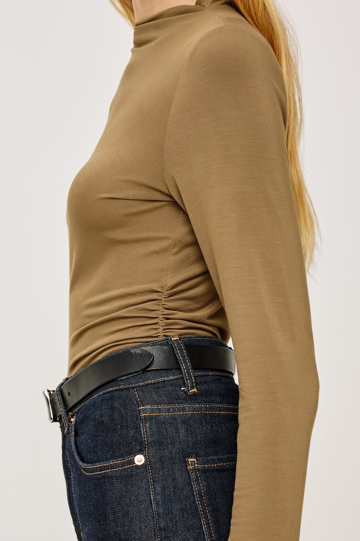 Joelle Top in Soft Gauze Jersey With Soft Mock Neck, Fitted Silhouette, Side Shirring, and Long Sleeves in Ginger Colorway - Upper Body Front View Featued on Model